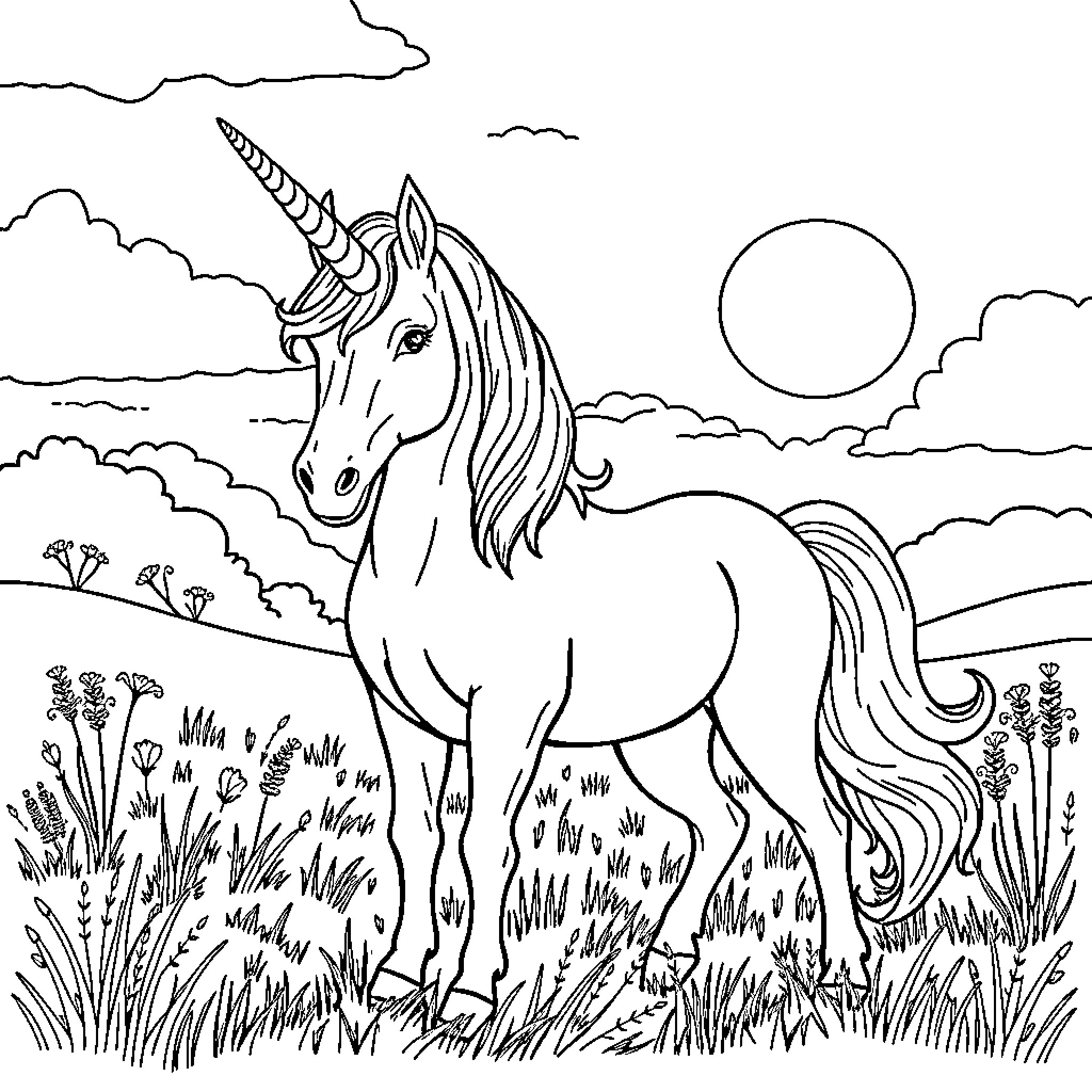 Unicorn standing gracefully in the moonlit meadow Coloring Page (free black-and-white line drawing printable PDF for all, from beginners to advanced learners, including children, teens, adults, and seniors)