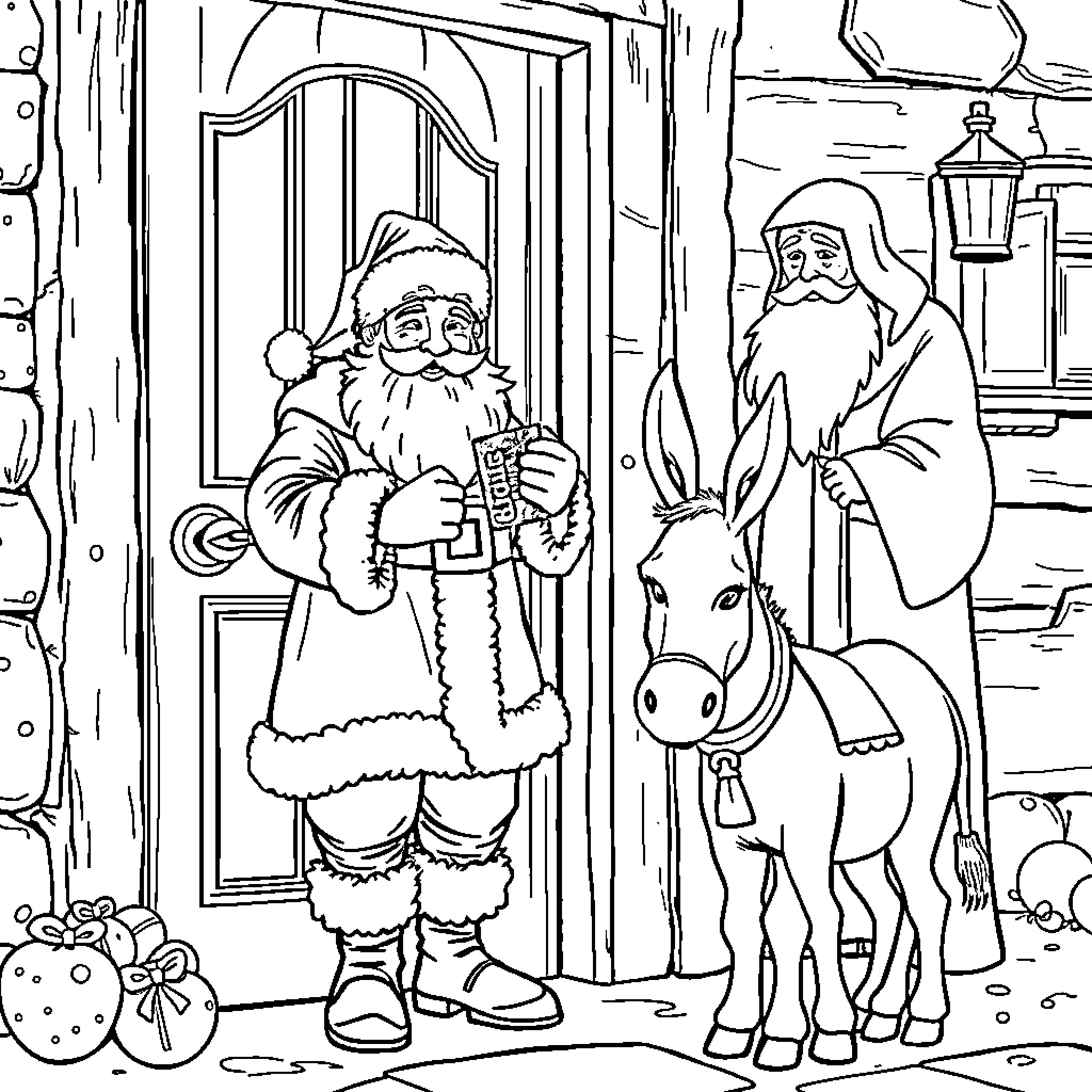 Saint Nicholas Delivering Gifts and Greeting Visitors Coloring Page (free black-and-white line drawing printable PDF for all, from beginners to advanced learners, including children, teens, adults, and seniors)