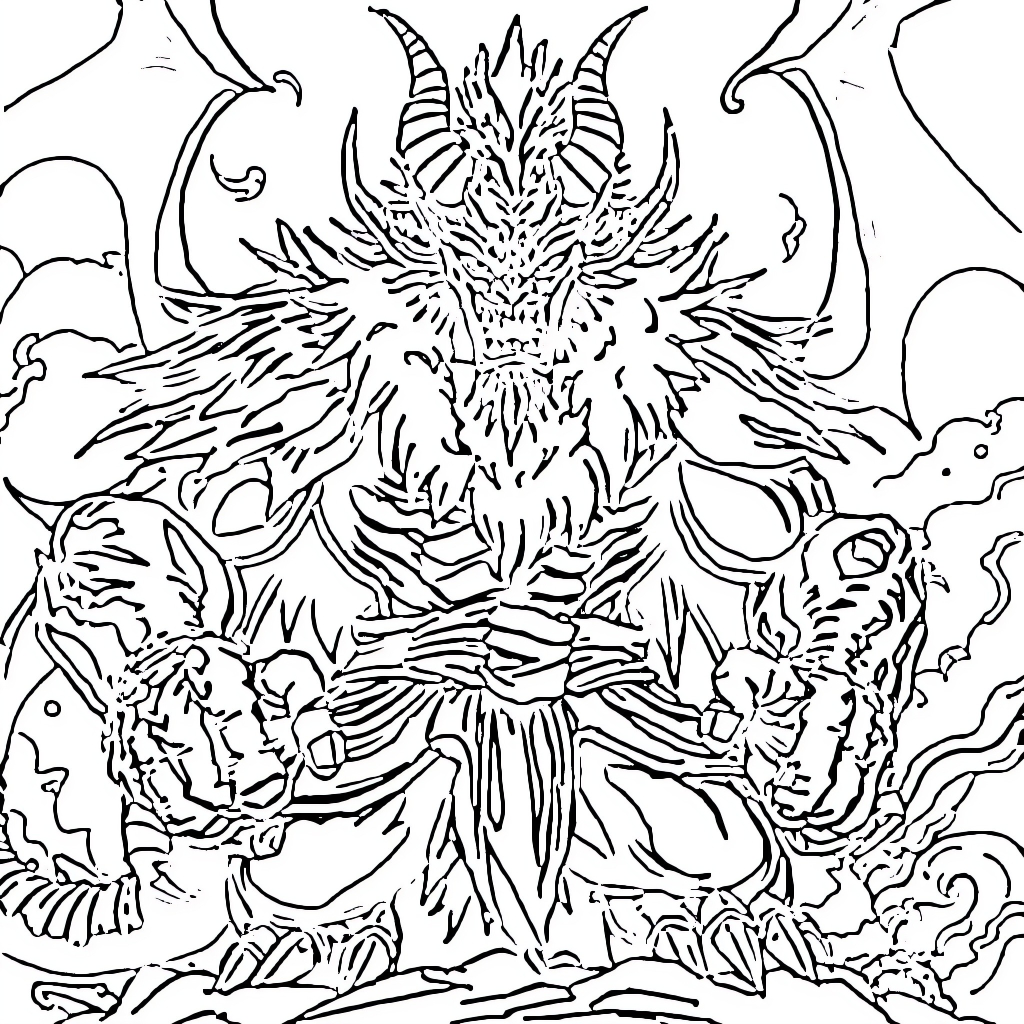 Akaza, the fearsome demon lord unleashing his wrath Coloring Page (free black-and-white line drawing printable PDF for all, from beginners to advanced learners, including children, teens, adults, and seniors)