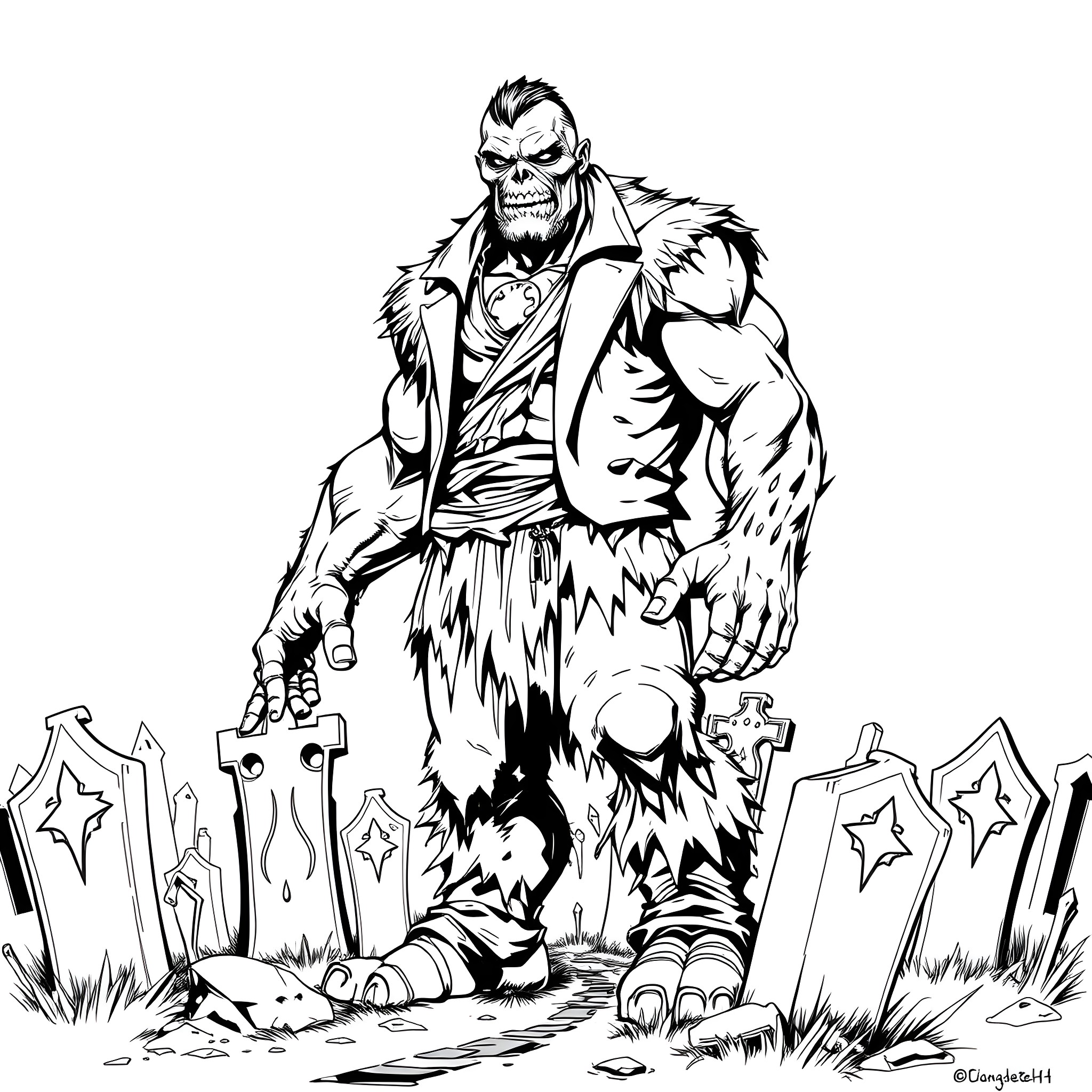 Skulk of a dark and fearsome creature in a graveyard Coloring Page (free black-and-white line drawing printable PDF for all, from beginners to advanced learners, including children, teens, adults, and seniors)
