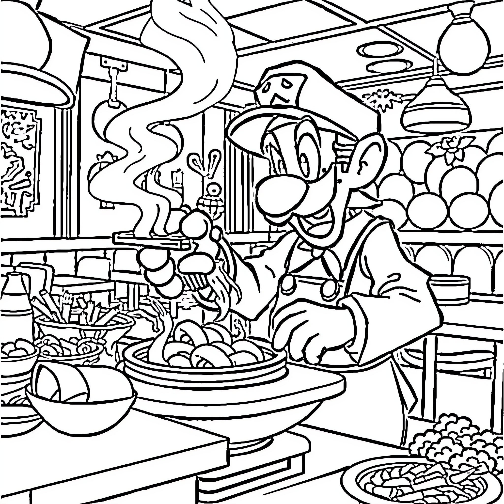 Waluigi's Wacky Kitchen Adventures Coloring Page (free black-and-white line drawing printable PDF for all, from beginners to advanced learners, including children, teens, adults, and seniors)