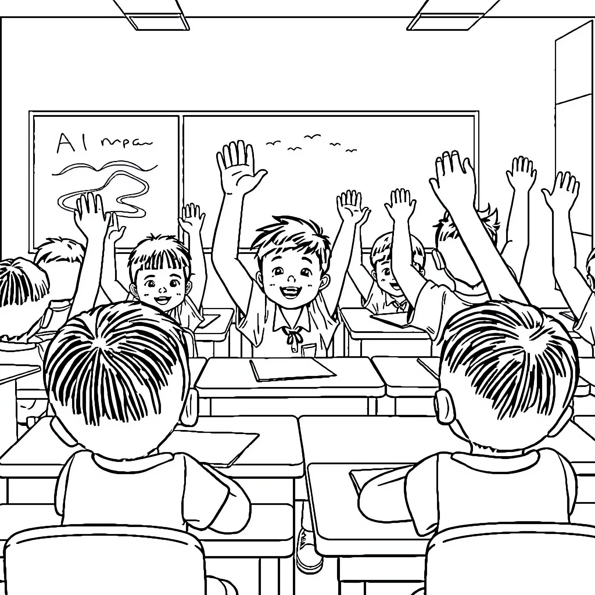 Kid students raising hands in classroom Coloring Page (free black-and-white line drawing printable PDF for all, from beginners to advanced learners, including children, teens, adults, and seniors)