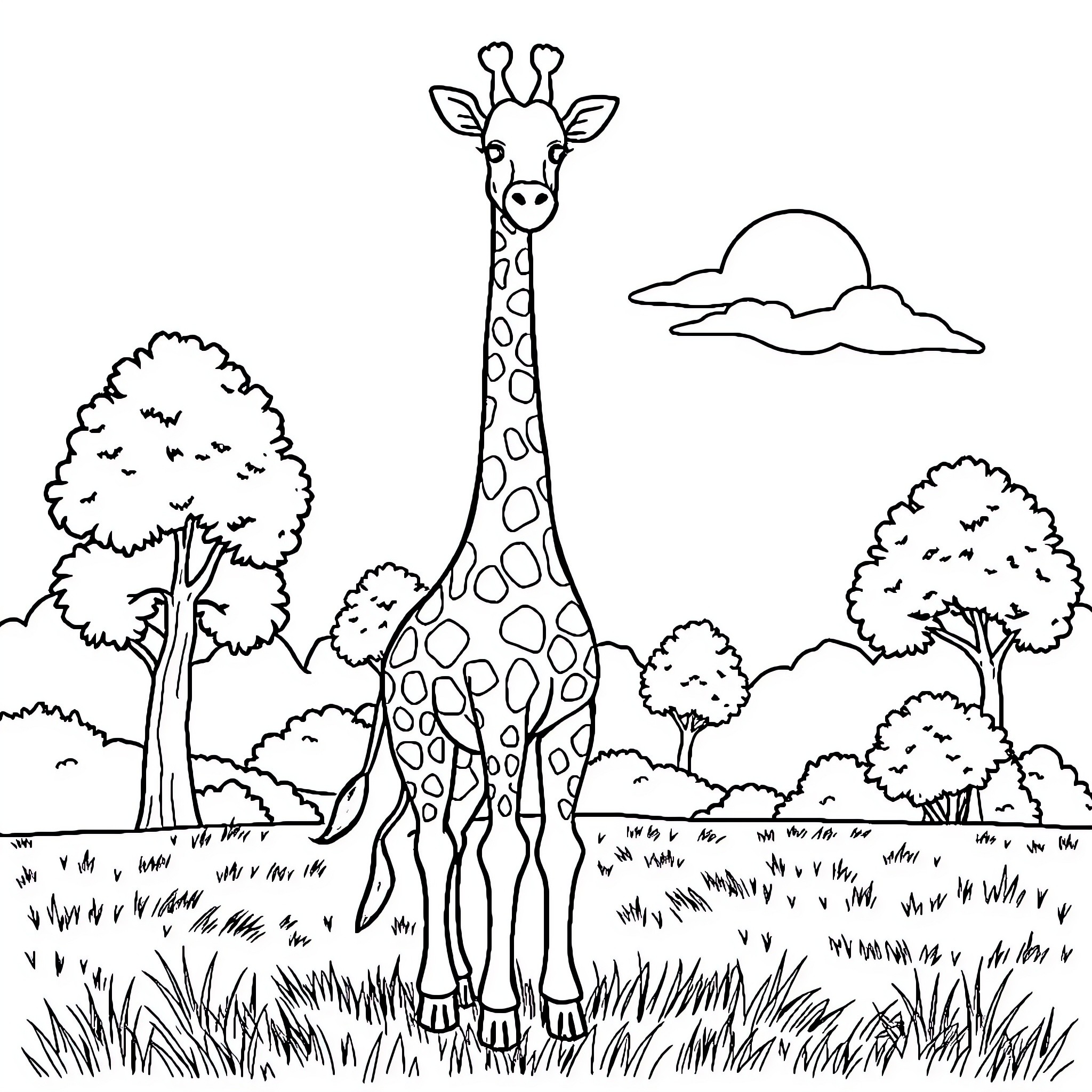 Giraffe standing tall in a natural landscape Coloring Page (free black-and-white line drawing printable PDF for all, from beginners to advanced learners, including children, teens, adults, and seniors)