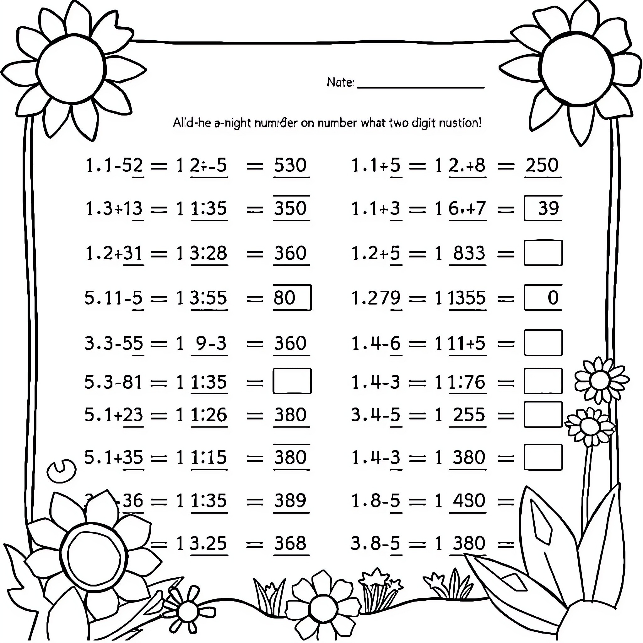 Math Worksheet with Flower Decorations Coloring Page (free black-and-white line drawing printable PDF for all, from beginners to advanced learners, including children, teens, adults, and seniors)