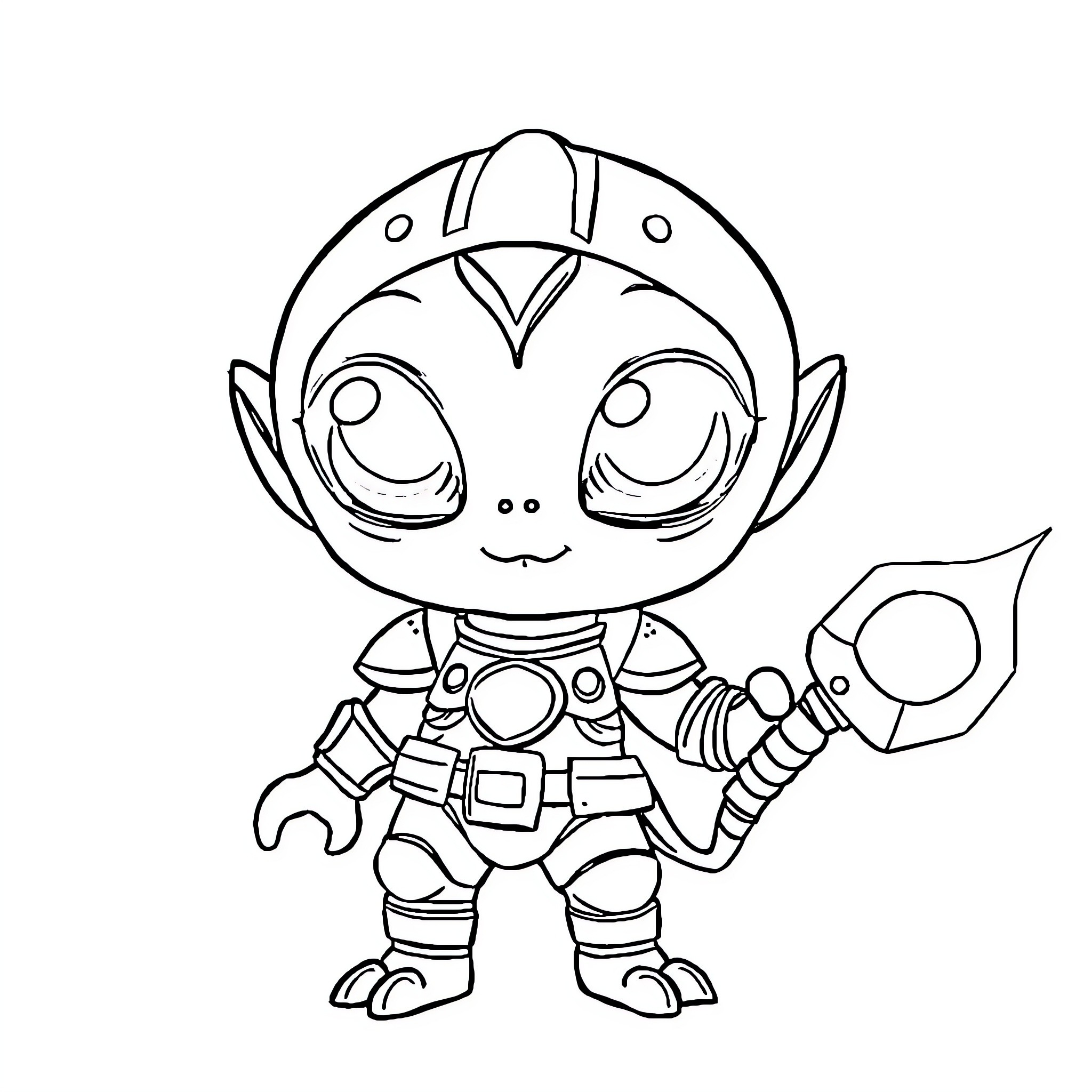 Alien warrior with futuristic attire and weapon Coloring Page (free black-and-white line drawing printable PDF for all, from beginners to advanced learners, including children, teens, adults, and seniors)