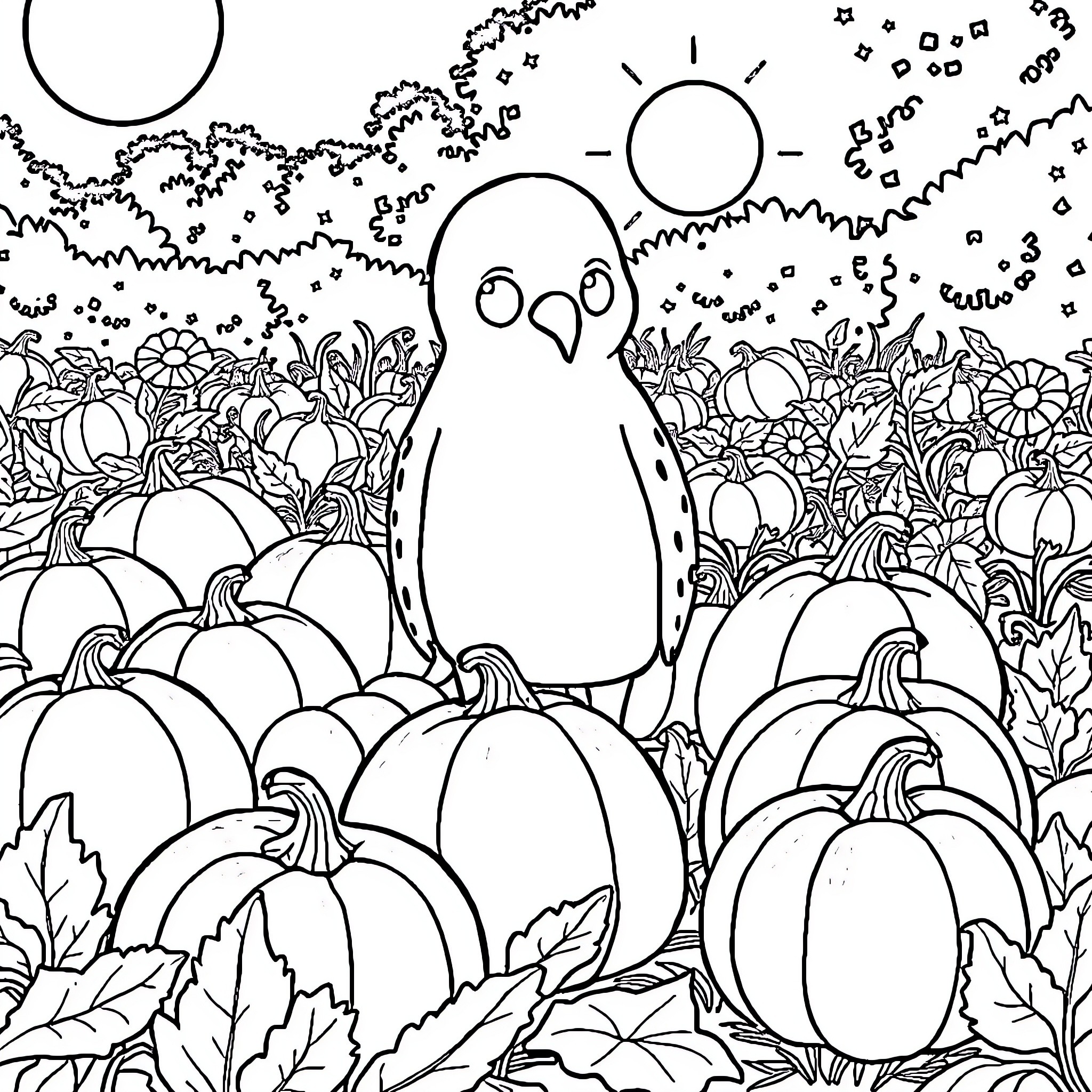 Andalite Penguin Exploring Autumn Pumpkin Patch Coloring Page (free black-and-white line drawing printable PDF for all, from beginners to advanced learners, including children, teens, adults, and seniors)