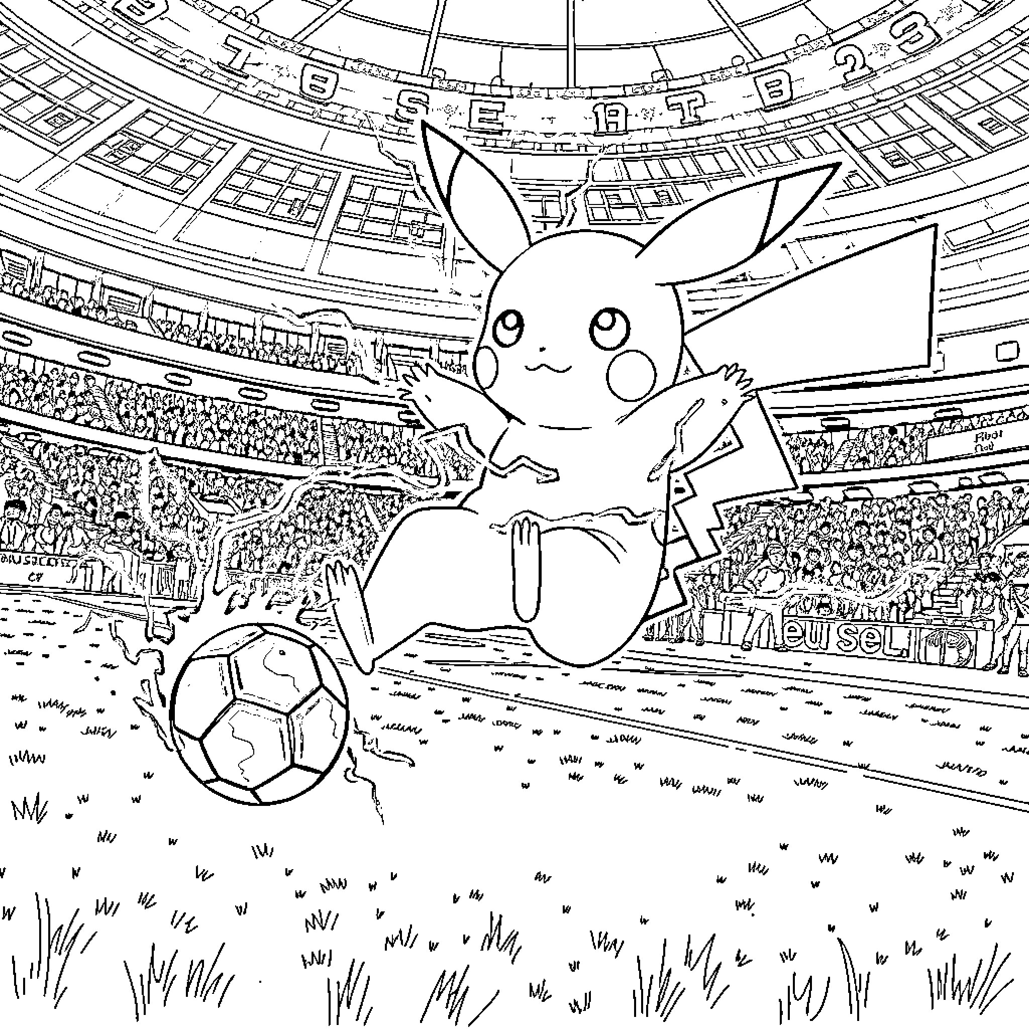 Pikachu playing soccer in a large stadium Coloring Page (free black-and-white line drawing printable PDF for all, from beginners to advanced learners, including children, teens, adults, and seniors)