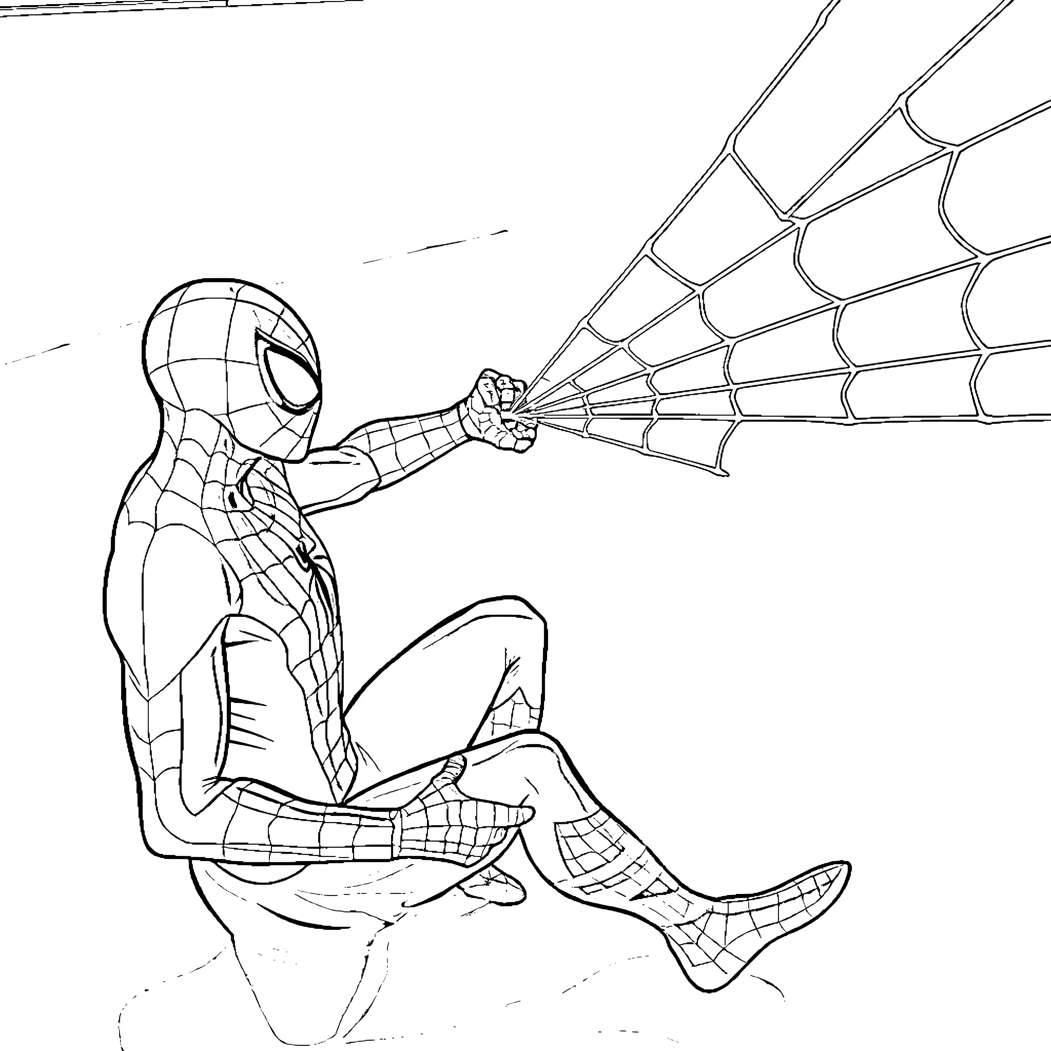 Spidey swinging on webs in action Coloring Page (free black-and-white line drawing printable PDF for all, from beginners to advanced learners, including children, teens, adults, and seniors)