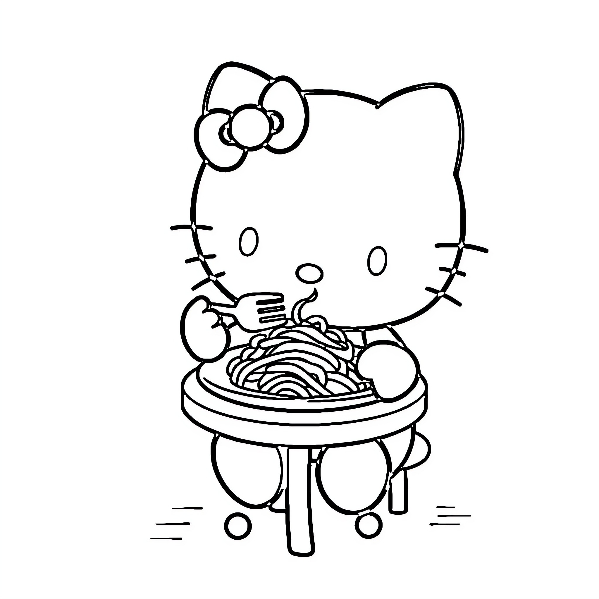Hello Kitty enjoying a hearty meal Coloring Page (free black-and-white line drawing printable PDF for all, from beginners to advanced learners, including children, teens, adults, and seniors)