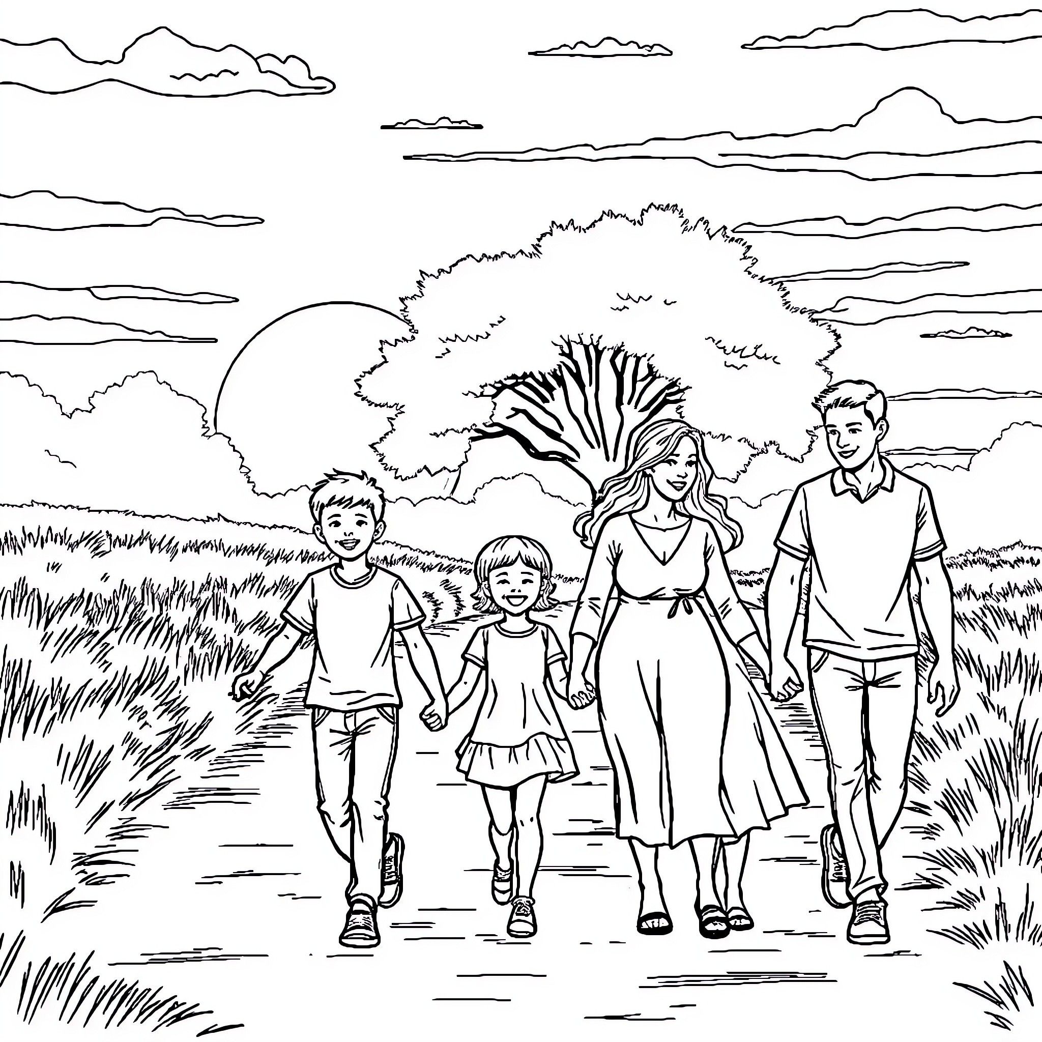 Family Exploring Peaceful Nature Landscape Coloring Page (free black-and-white line drawing printable PDF for all, from beginners to advanced learners, including children, teens, adults, and seniors)