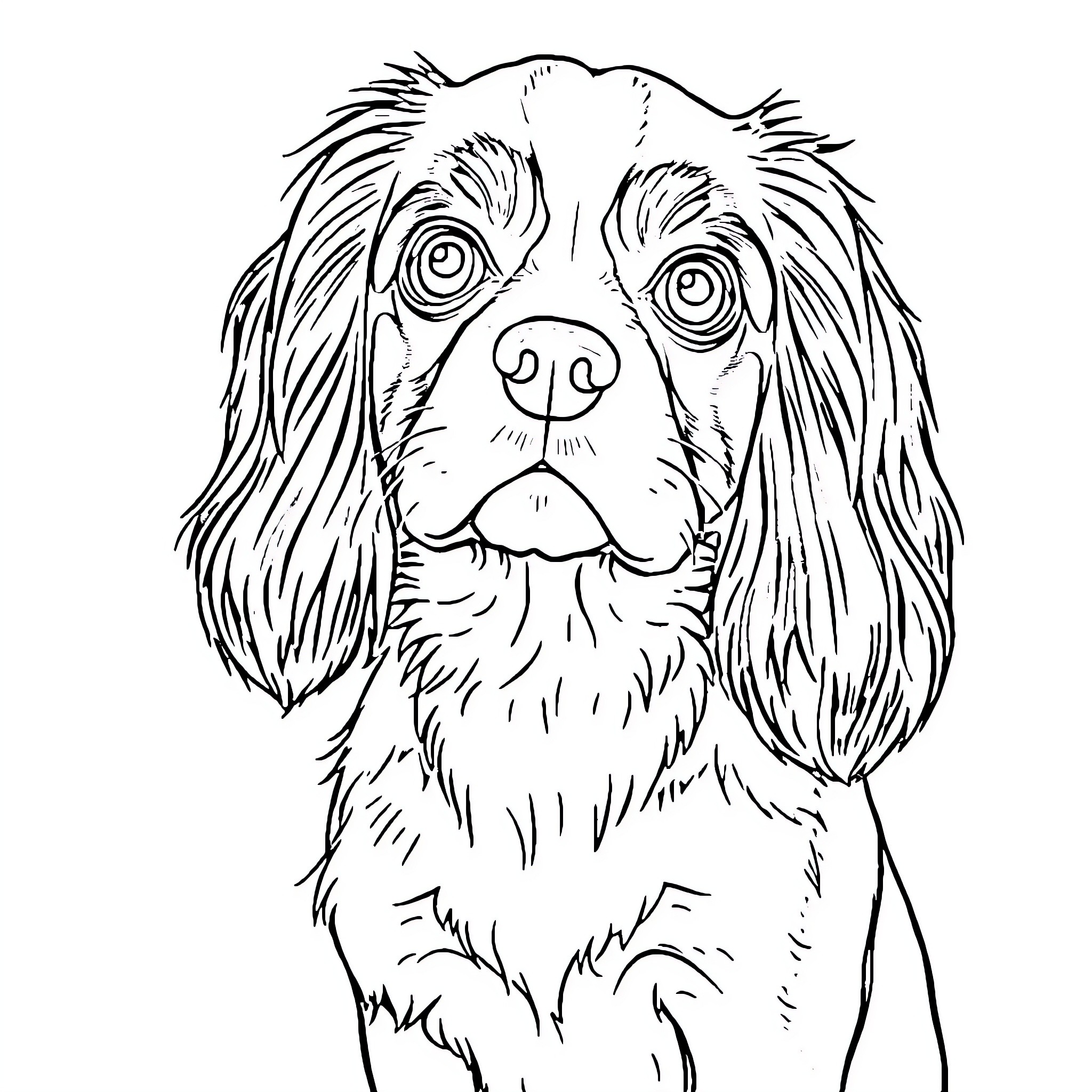 Cavalier King Charles Spaniel gazing curiously Coloring Page (free black-and-white line drawing printable PDF for all, from beginners to advanced learners, including children, teens, adults, and seniors)
