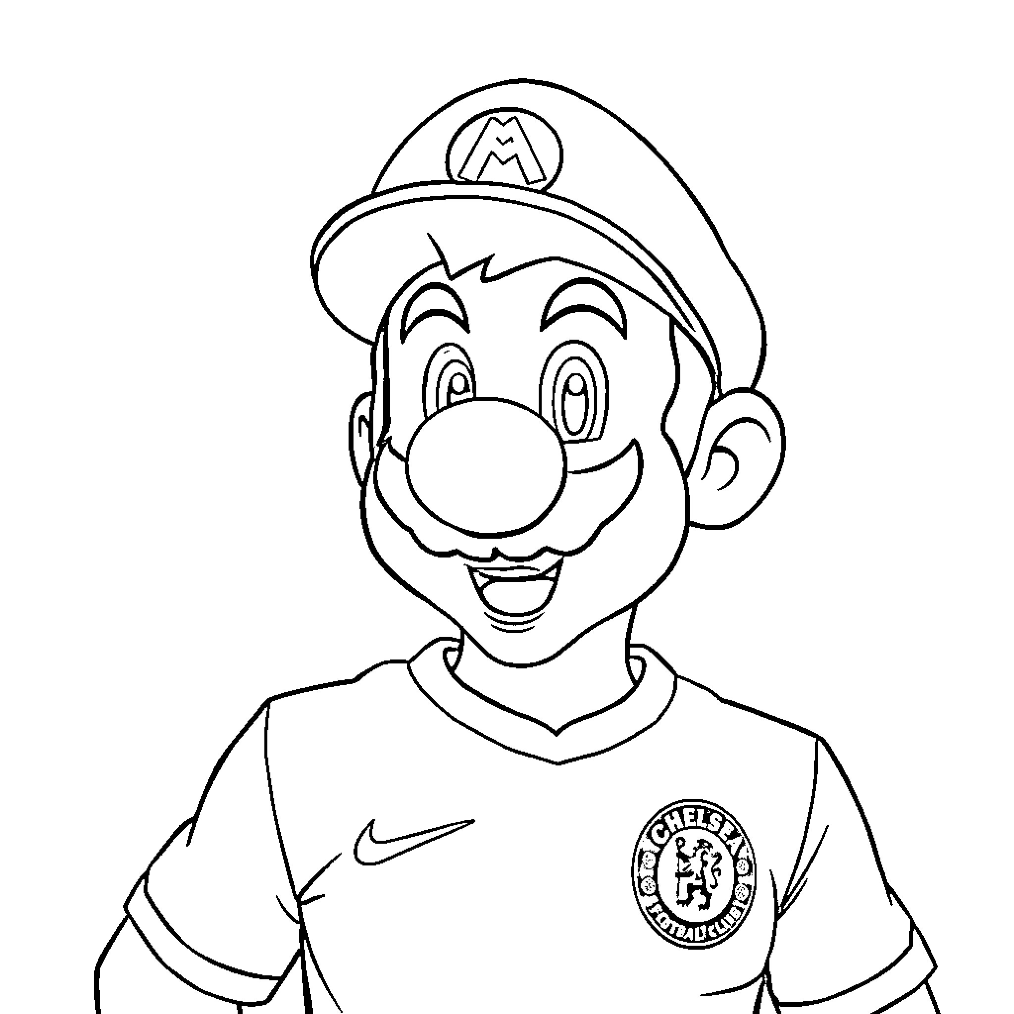 Mario in a Chelsea football jersey Coloring Page (free black-and-white line drawing printable PDF for all, from beginners to advanced learners, including children, teens, adults, and seniors)