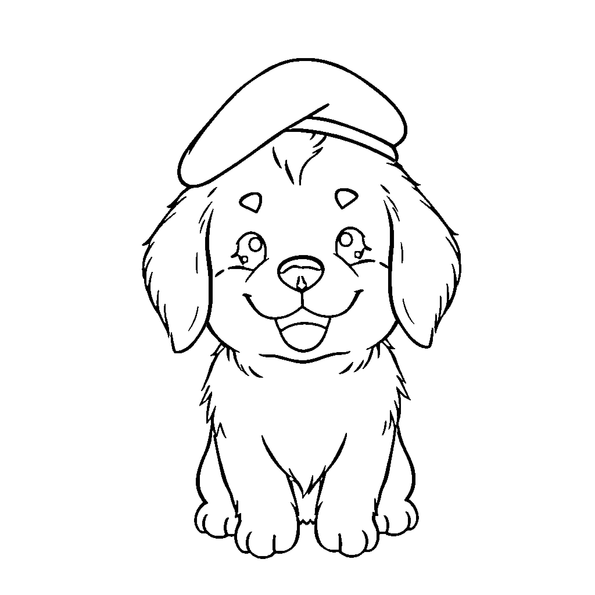 Pom Pom Purin wearing a cap and smiling happily Coloring Page (free black-and-white line drawing printable PDF for all, from beginners to advanced learners, including children, teens, adults, and seniors)