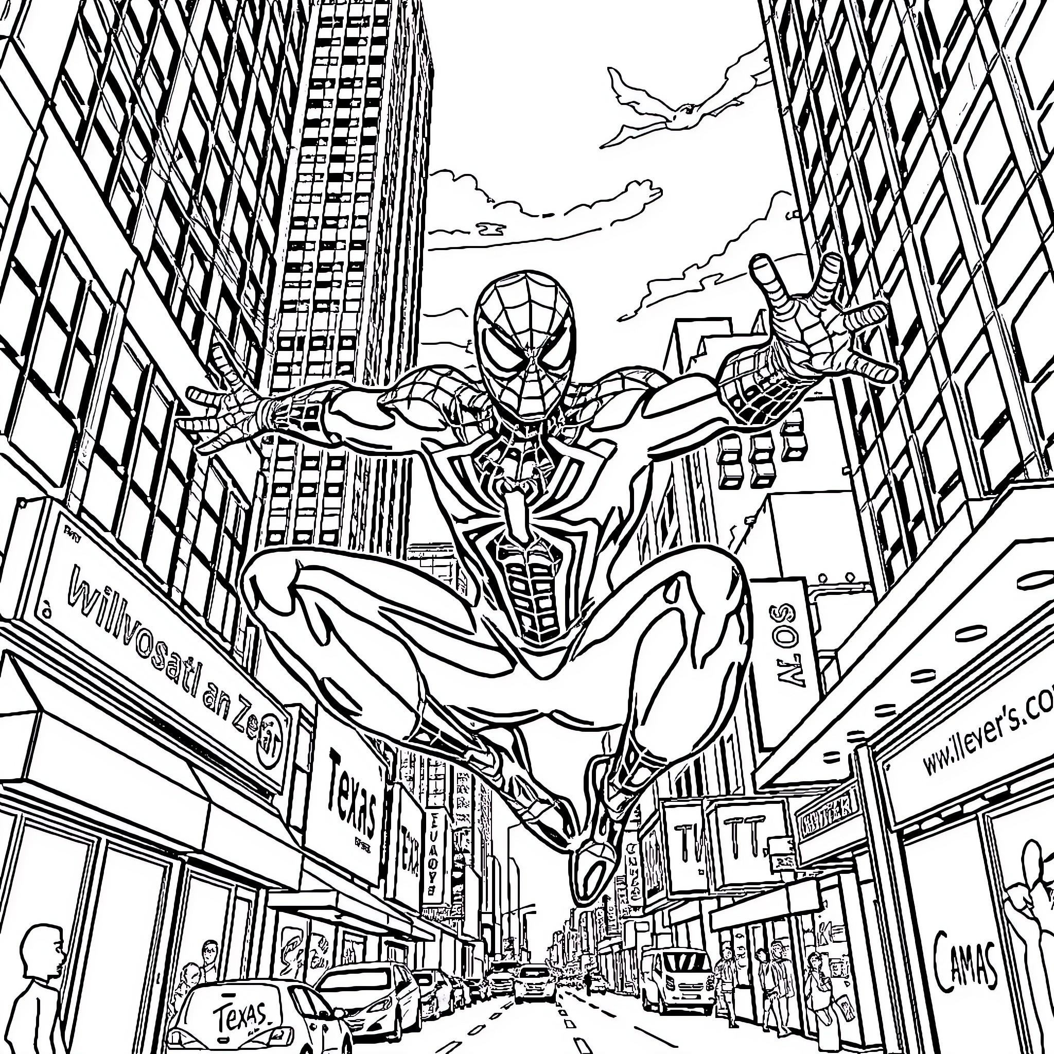 Spiderman heroically swinging through the bustling city streets Coloring Page (free black-and-white line drawing printable PDF for all, from beginners to advanced learners, including children, teens, adults, and seniors)