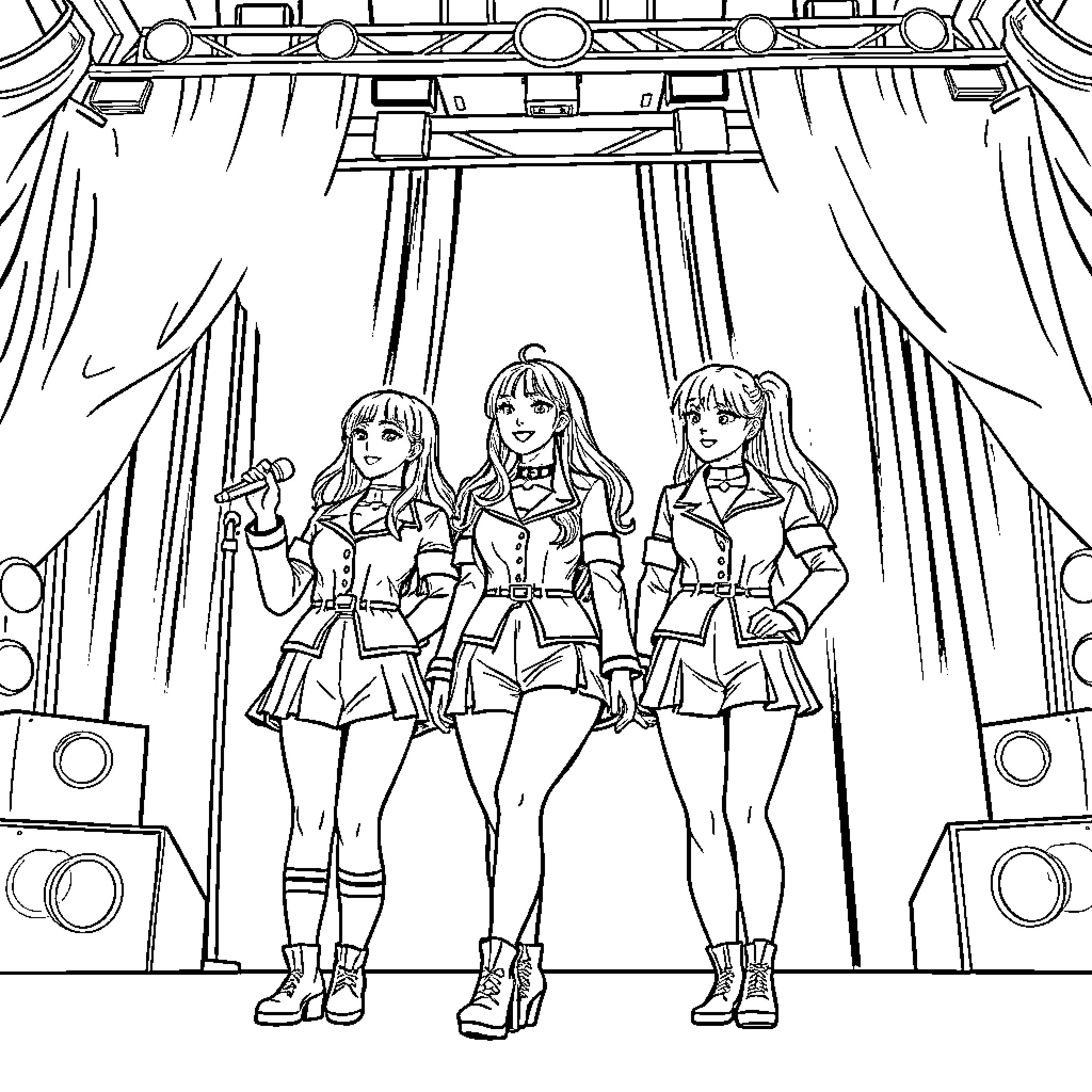 Kpop Girl Group Performing On Stage Coloring Page (free black-and-white line drawing printable PDF for all, from beginners to advanced learners, including children, teens, adults, and seniors)