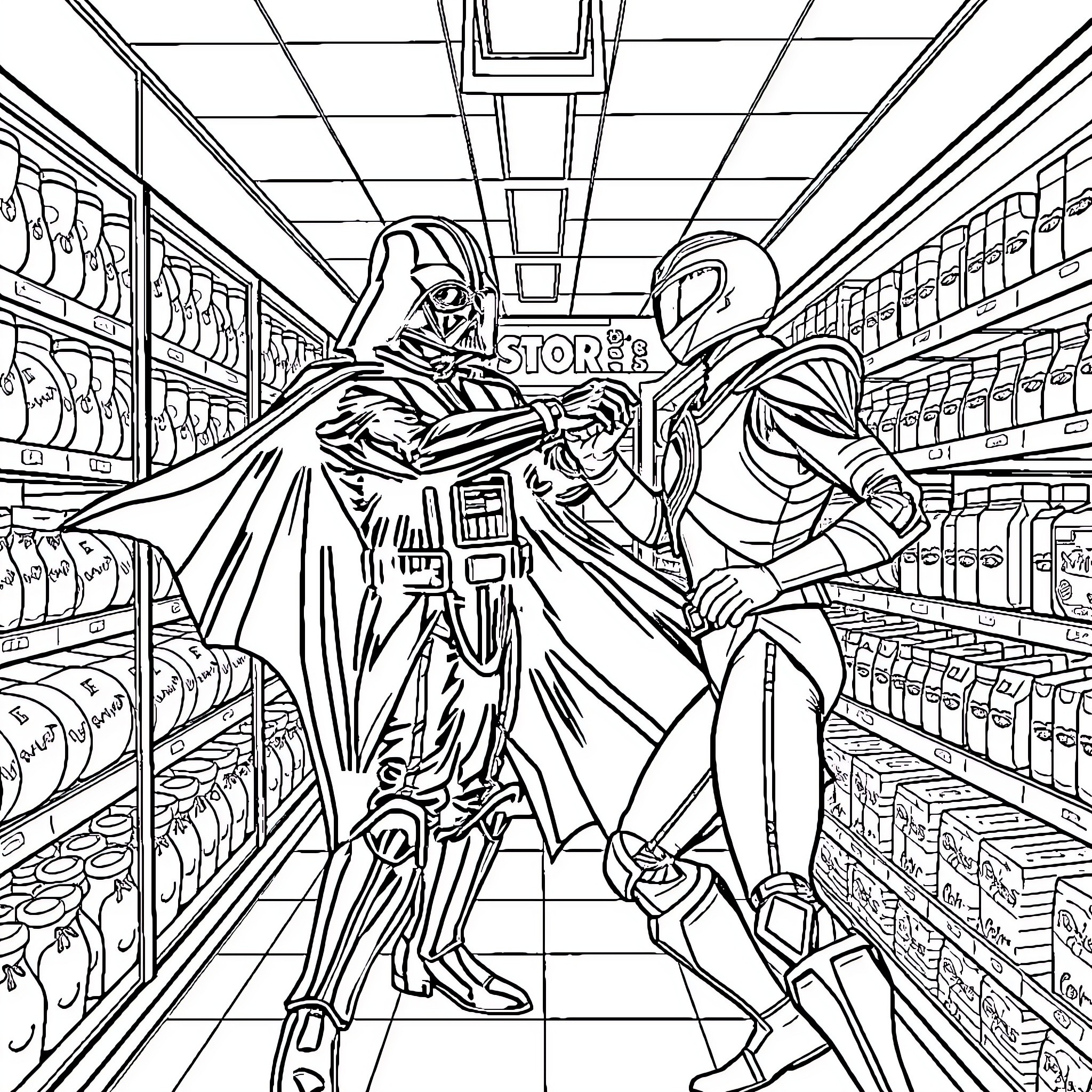 Darth Vader encounters a Storm Trooper in a retail store Coloring Page (free black-and-white line drawing printable PDF for all, from beginners to advanced learners, including children, teens, adults, and seniors)