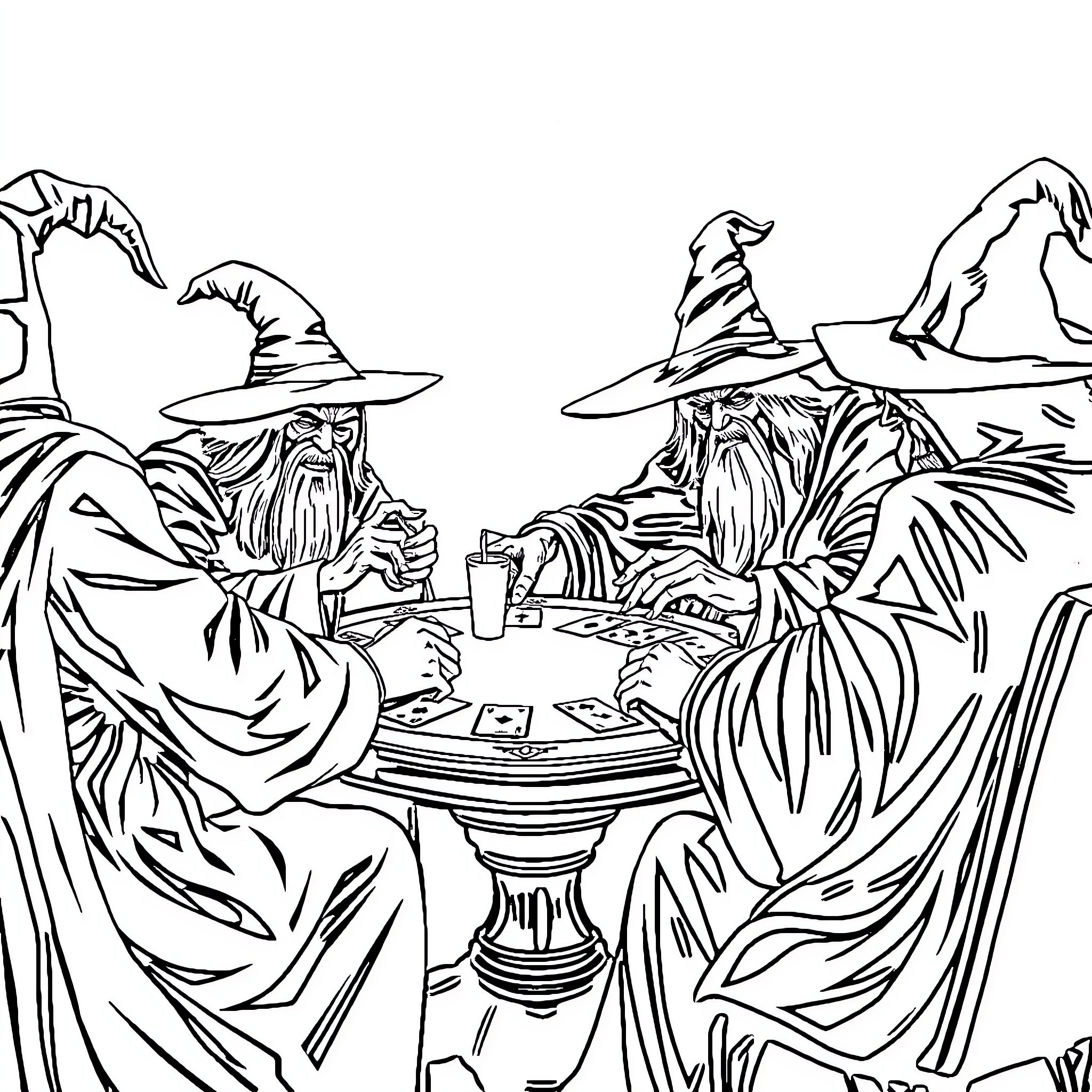 Wizard wizards playing cards in mystical gathering Coloring Page (free black-and-white line drawing printable PDF for all, from beginners to advanced learners, including children, teens, adults, and seniors)