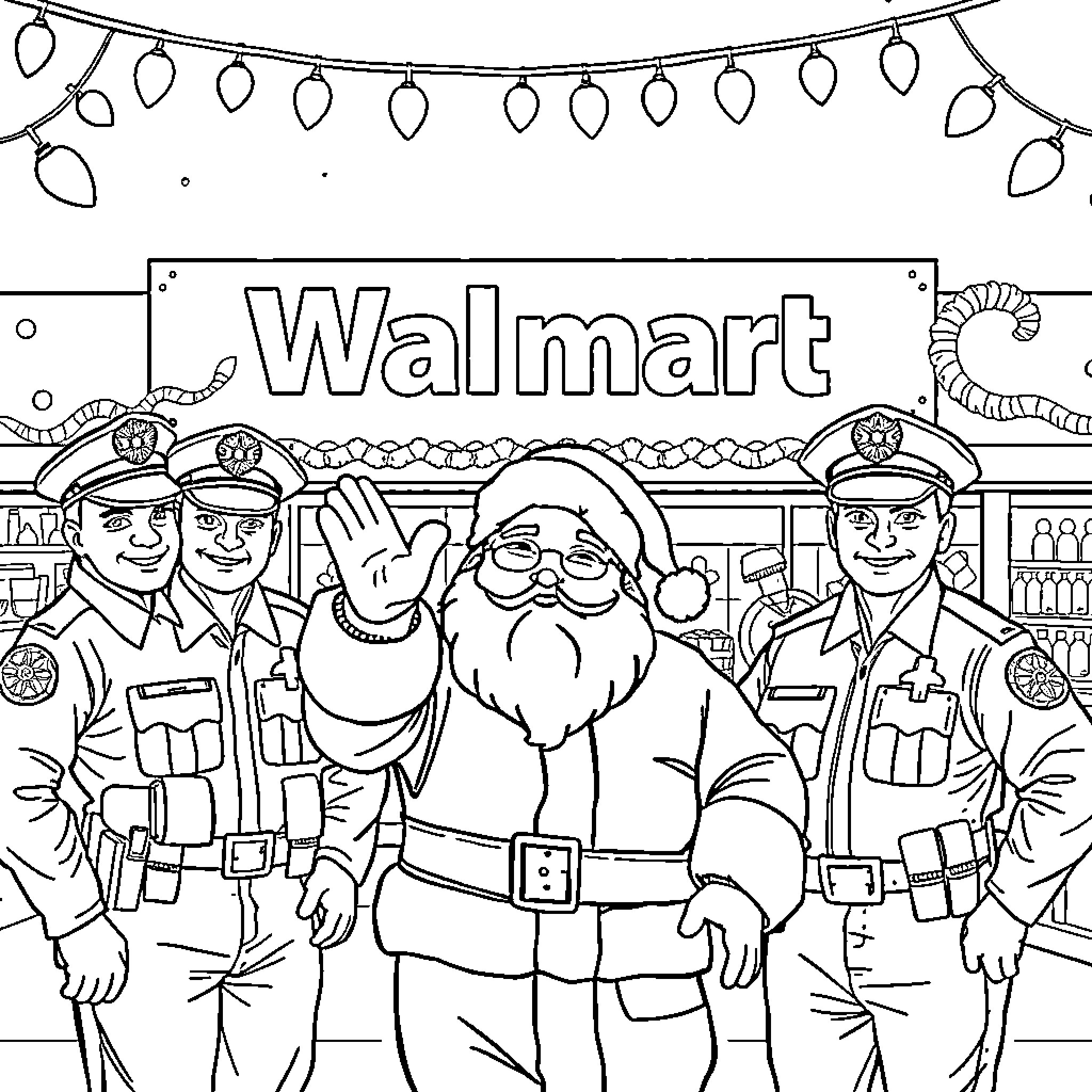 Santa poses with security guards at Walmart Coloring Page (free black-and-white line drawing printable PDF for all, from beginners to advanced learners, including children, teens, adults, and seniors)