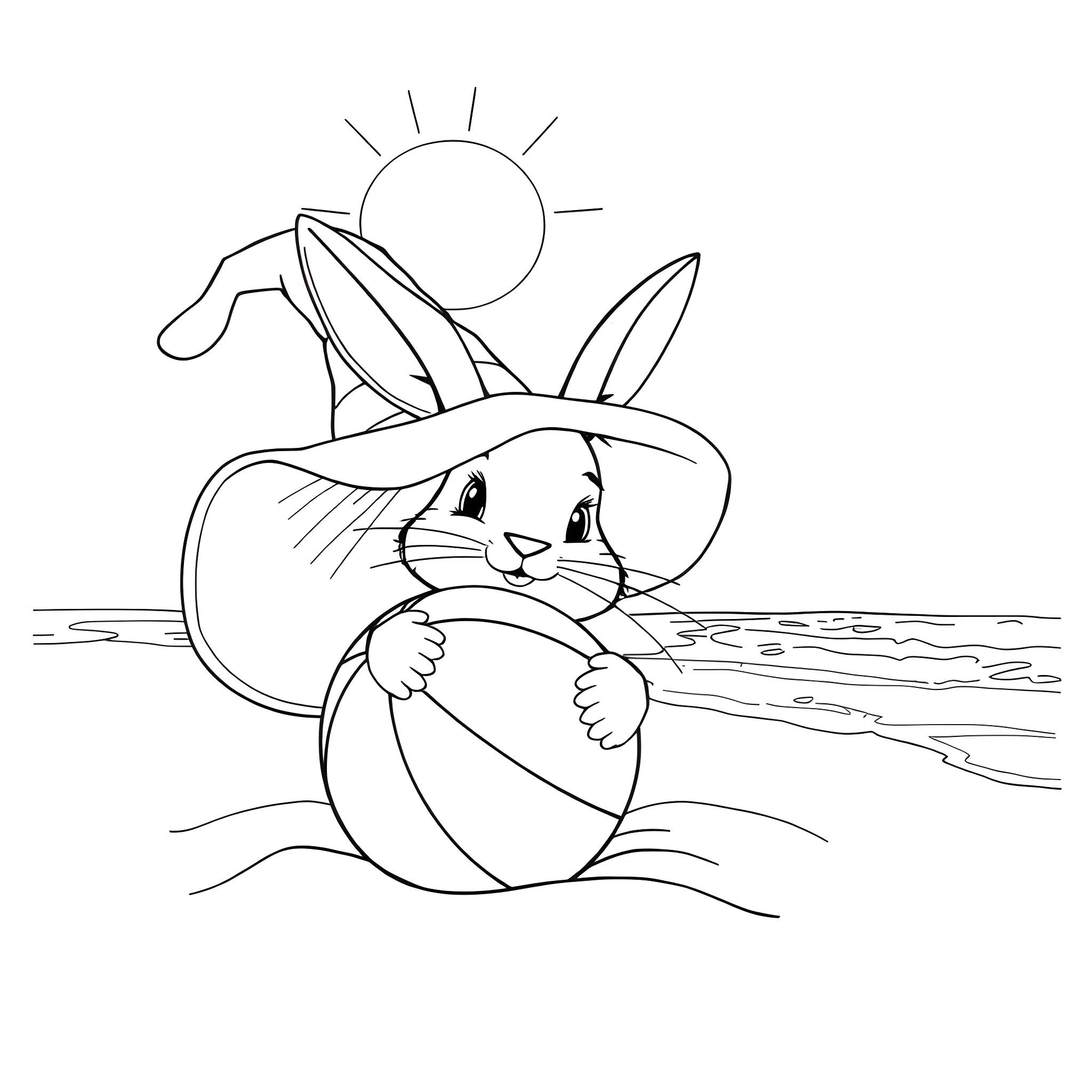 Bunny playing with beach ball on sunny day Coloring Page (free black-and-white line drawing printable PDF for all, from beginners to advanced learners, including children, teens, adults, and seniors)