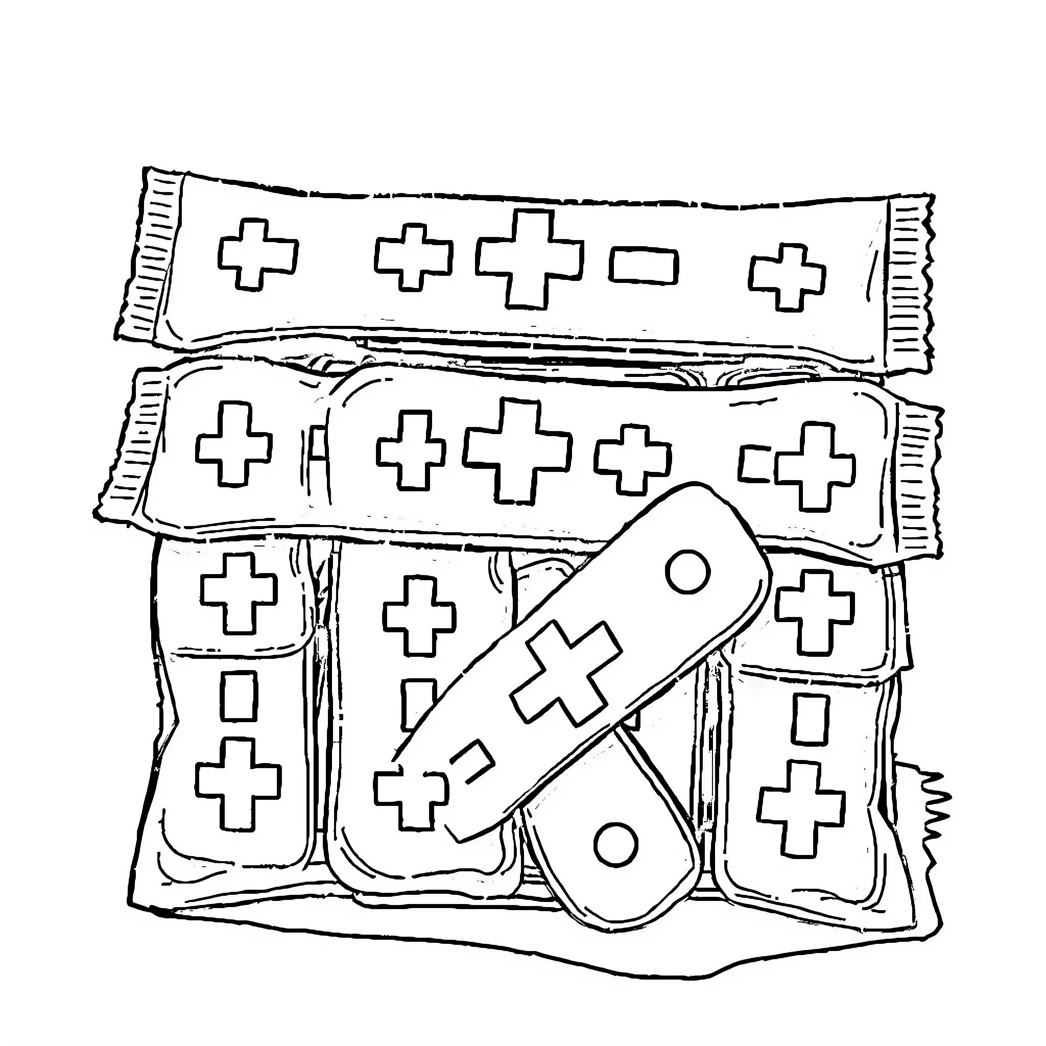 Bandage kits with medical symbols Coloring Page (free black-and-white line drawing printable PDF for all, from beginners to advanced learners, including children, teens, adults, and seniors)