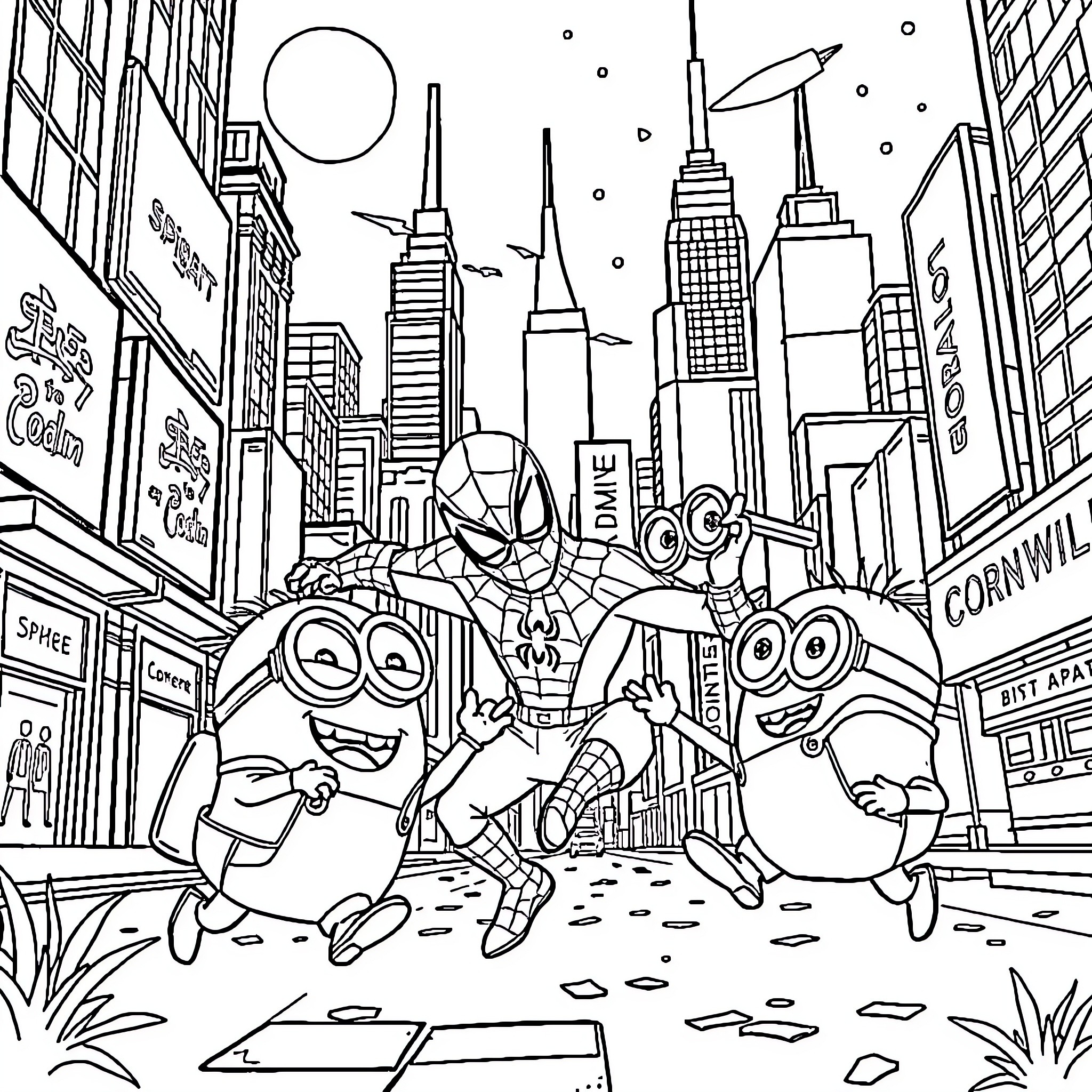 Minions Explore the Vibrant City Skyline Coloring Page (free black-and-white line drawing printable PDF for all, from beginners to advanced learners, including children, teens, adults, and seniors)
