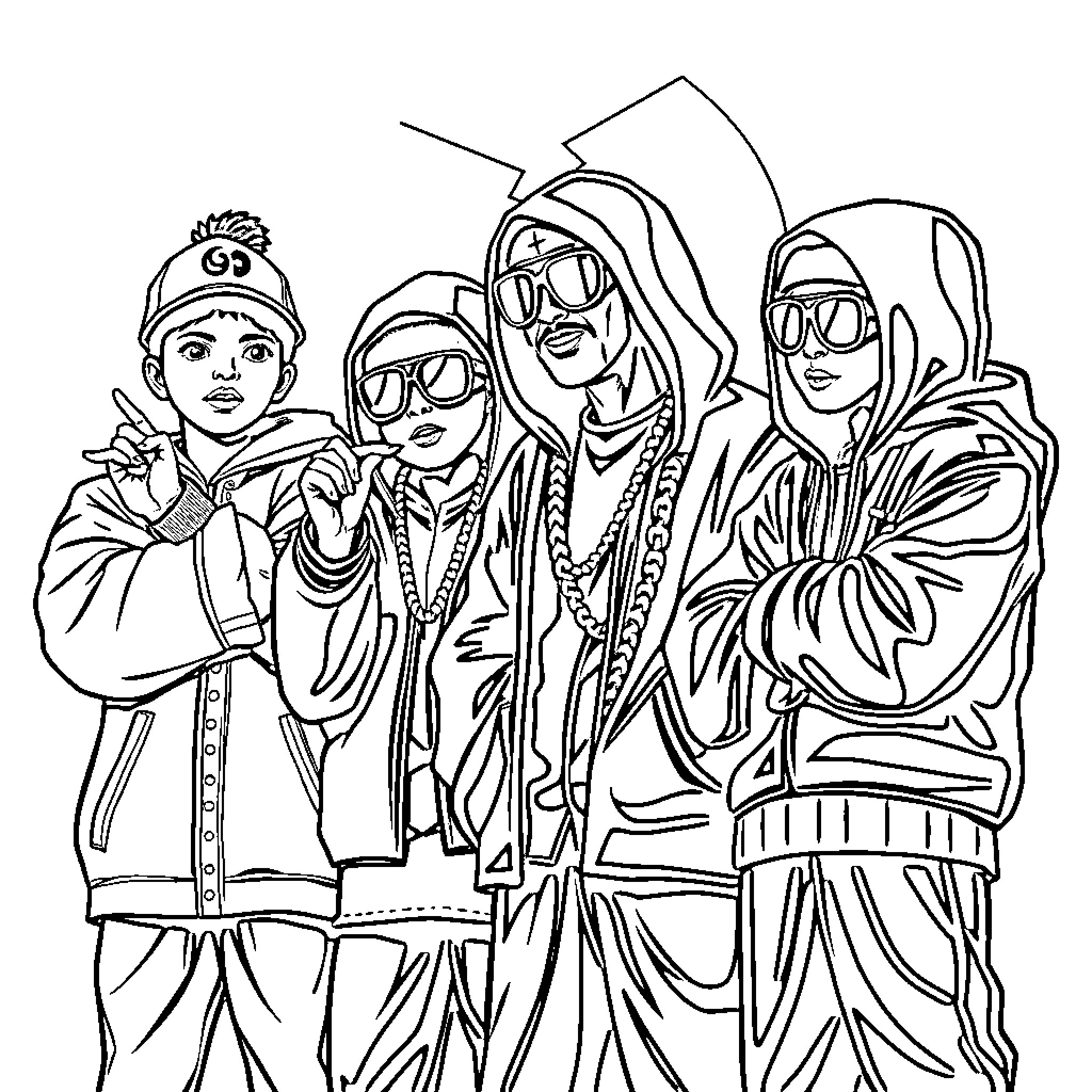 Wu Tang Group Members in Stylish Attire Coloring Page (free black-and-white line drawing printable PDF for all, from beginners to advanced learners, including children, teens, adults, and seniors)