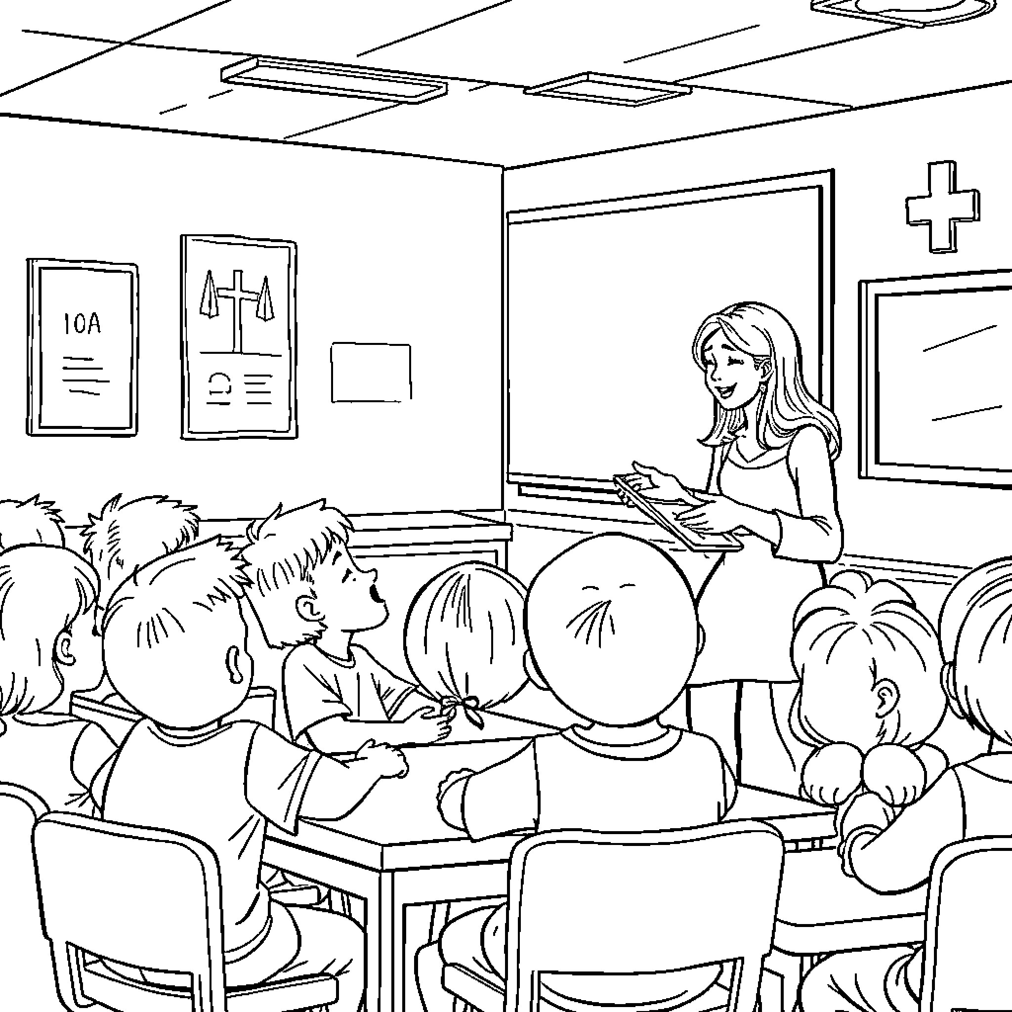 Teacher Guiding Students in Classroom Coloring Page (free black-and-white line drawing printable PDF for all, from beginners to advanced learners, including children, teens, adults, and seniors)