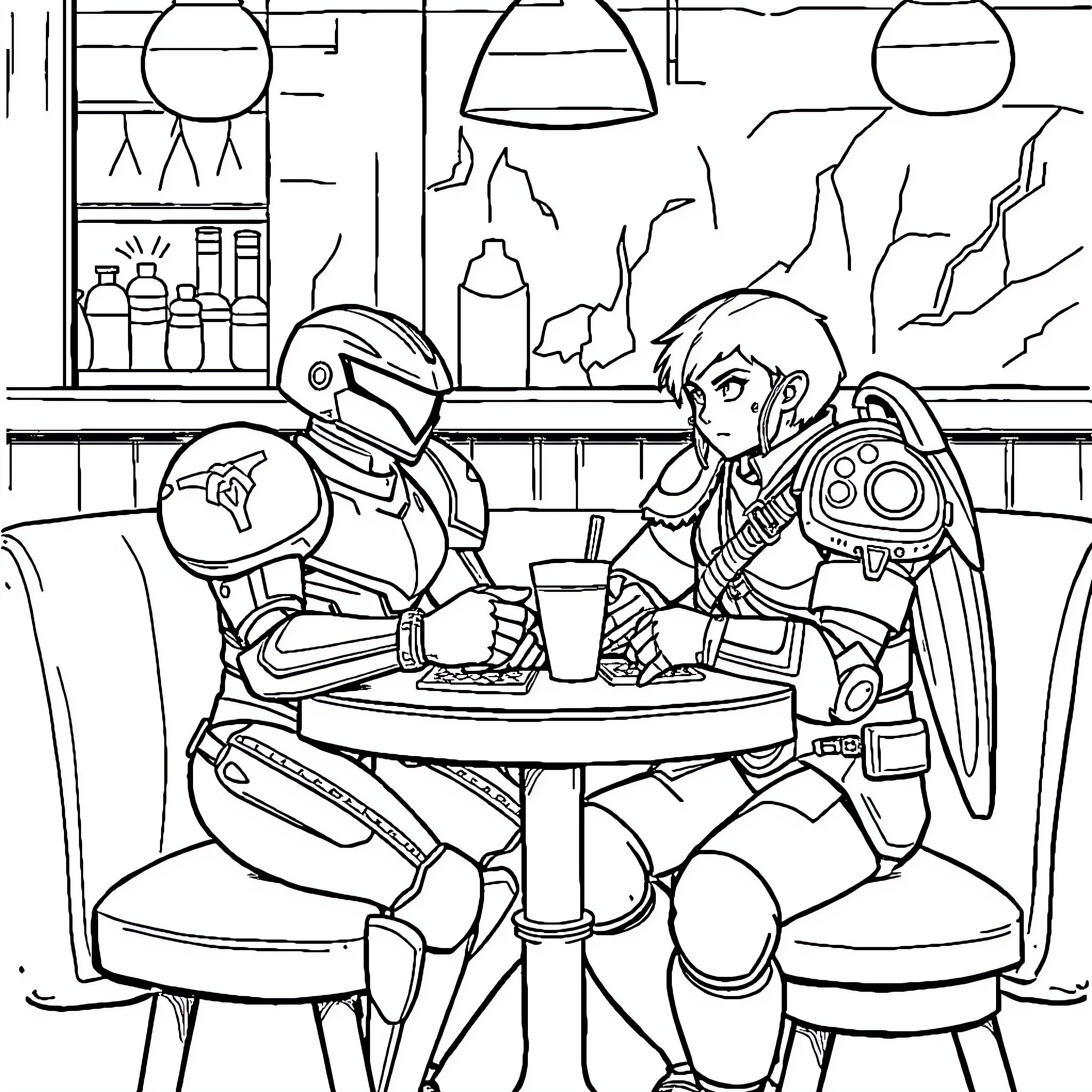 Samus Enjoying a Relaxing Moment Coloring Page (free black-and-white line drawing printable PDF for all, from beginners to advanced learners, including children, teens, adults, and seniors)