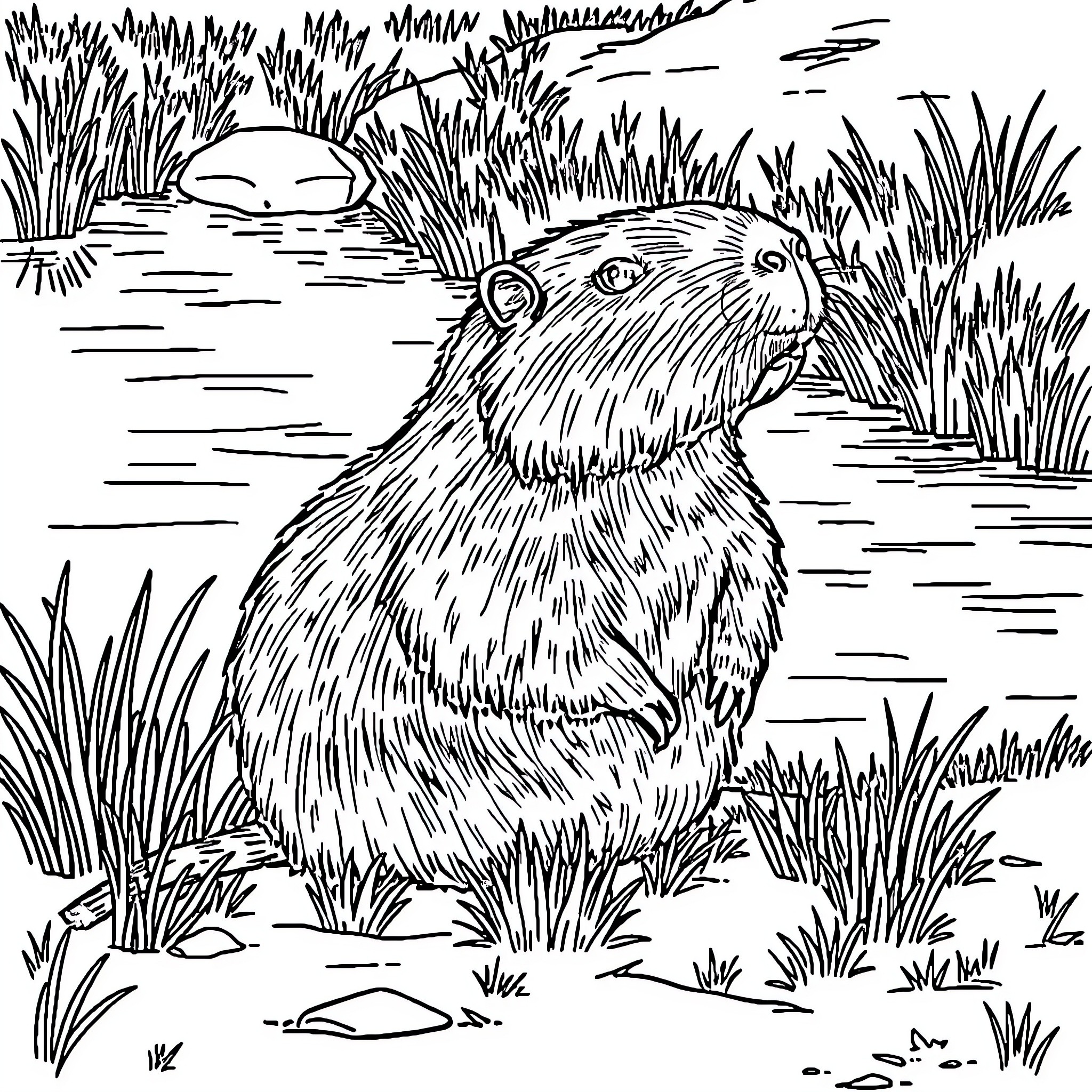 Capybara relaxing in the tall grass Coloring Page (free black-and-white line drawing printable PDF for all, from beginners to advanced learners, including children, teens, adults, and seniors)