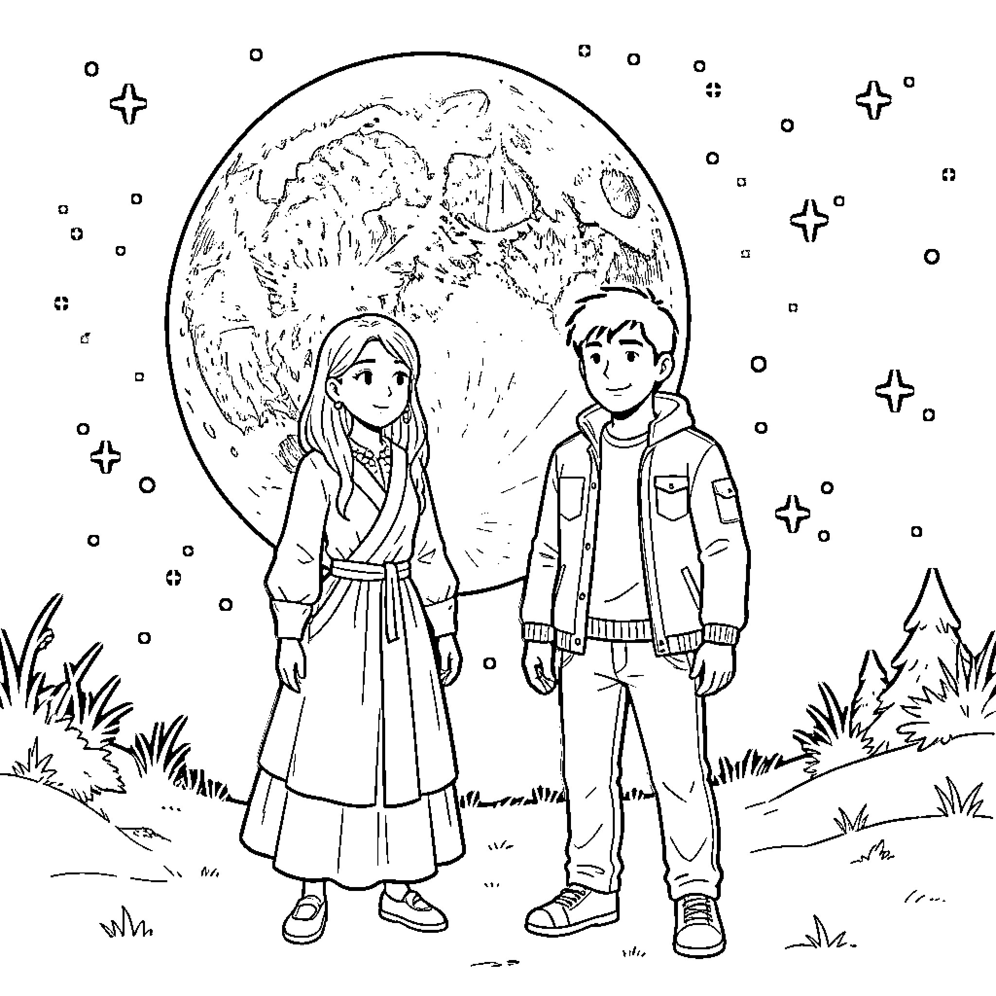 Heli-Inspired Journey Under Celestial Skies Coloring Page (free black-and-white line drawing printable PDF for all, from beginners to advanced learners, including children, teens, adults, and seniors)
