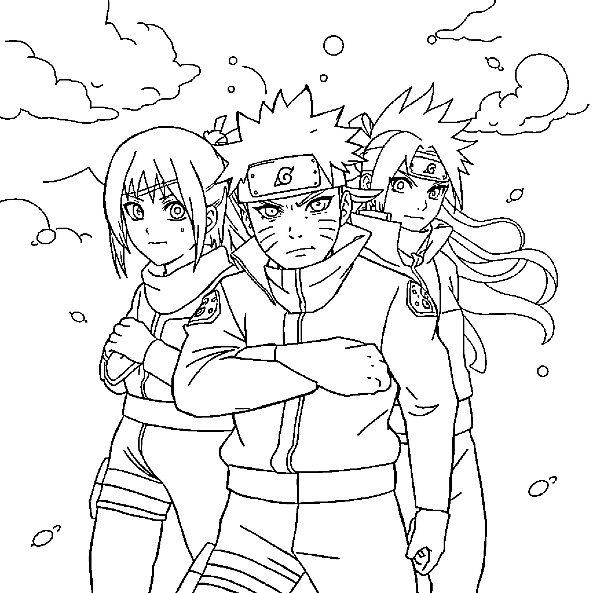 Naruto and friends in action-packed adventure Coloring Page (free black-and-white line drawing printable PDF for all, from beginners to advanced learners, including children, teens, adults, and seniors)