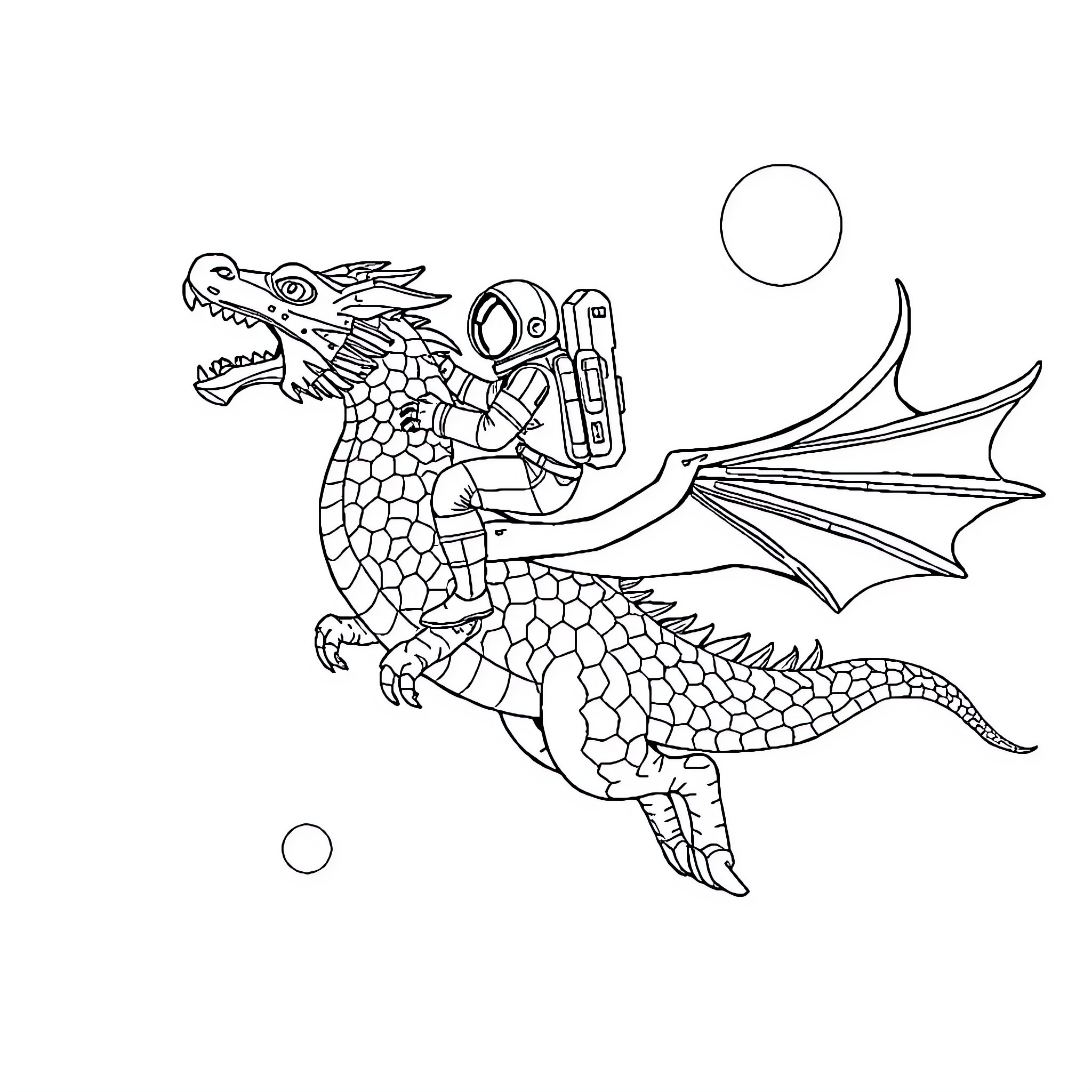 Astronaut riding a fantastical dragon Coloring Page (free black-and-white line drawing printable PDF for all, from beginners to advanced learners, including children, teens, adults, and seniors)