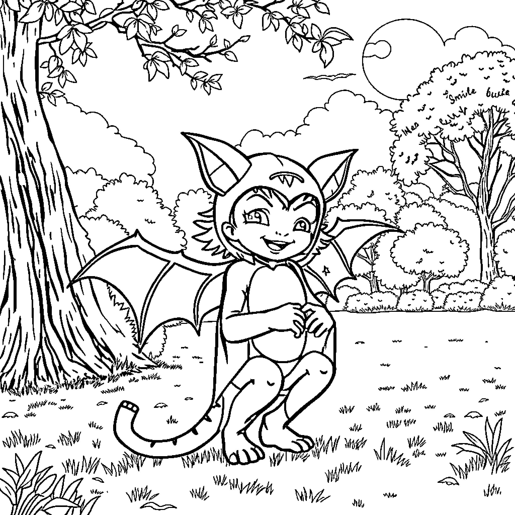 Nina's Enchanting Forest Adventure Coloring Page (free black-and-white line drawing printable PDF for all, from beginners to advanced learners, including children, teens, adults, and seniors)