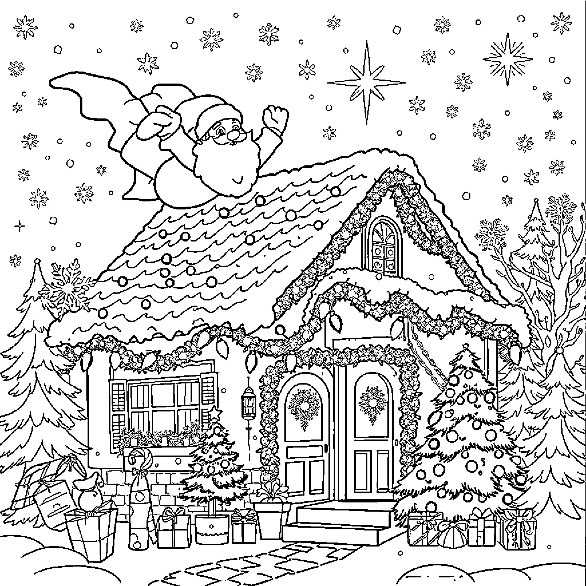 House with Whimsical Winter Decorations Coloring Page (free black-and-white line drawing printable PDF for all, from beginners to advanced learners, including children, teens, adults, and seniors)