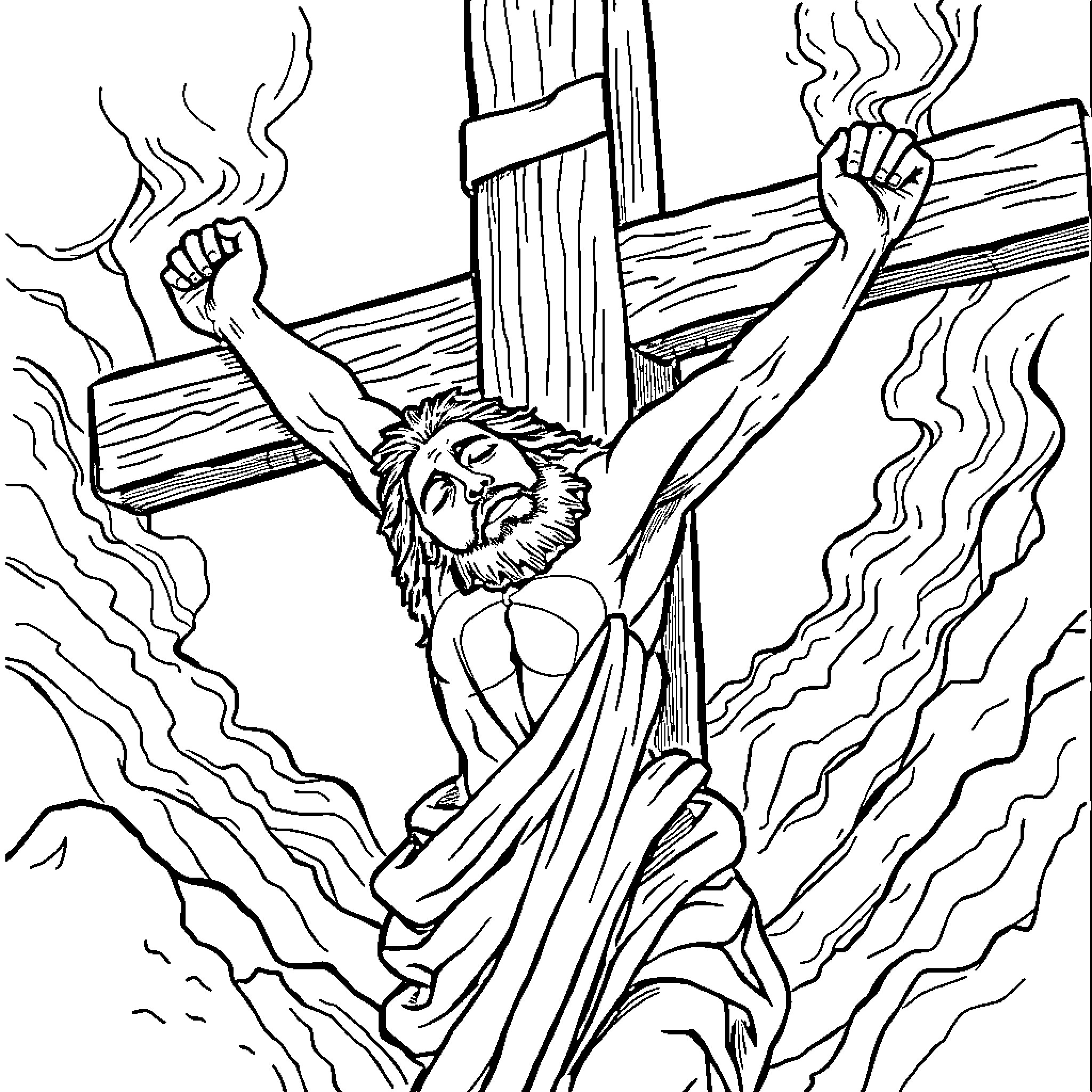 Jesus suffering on the cross with intense pain Coloring Page (free black-and-white line drawing printable PDF for all, from beginners to advanced learners, including children, teens, adults, and seniors)
