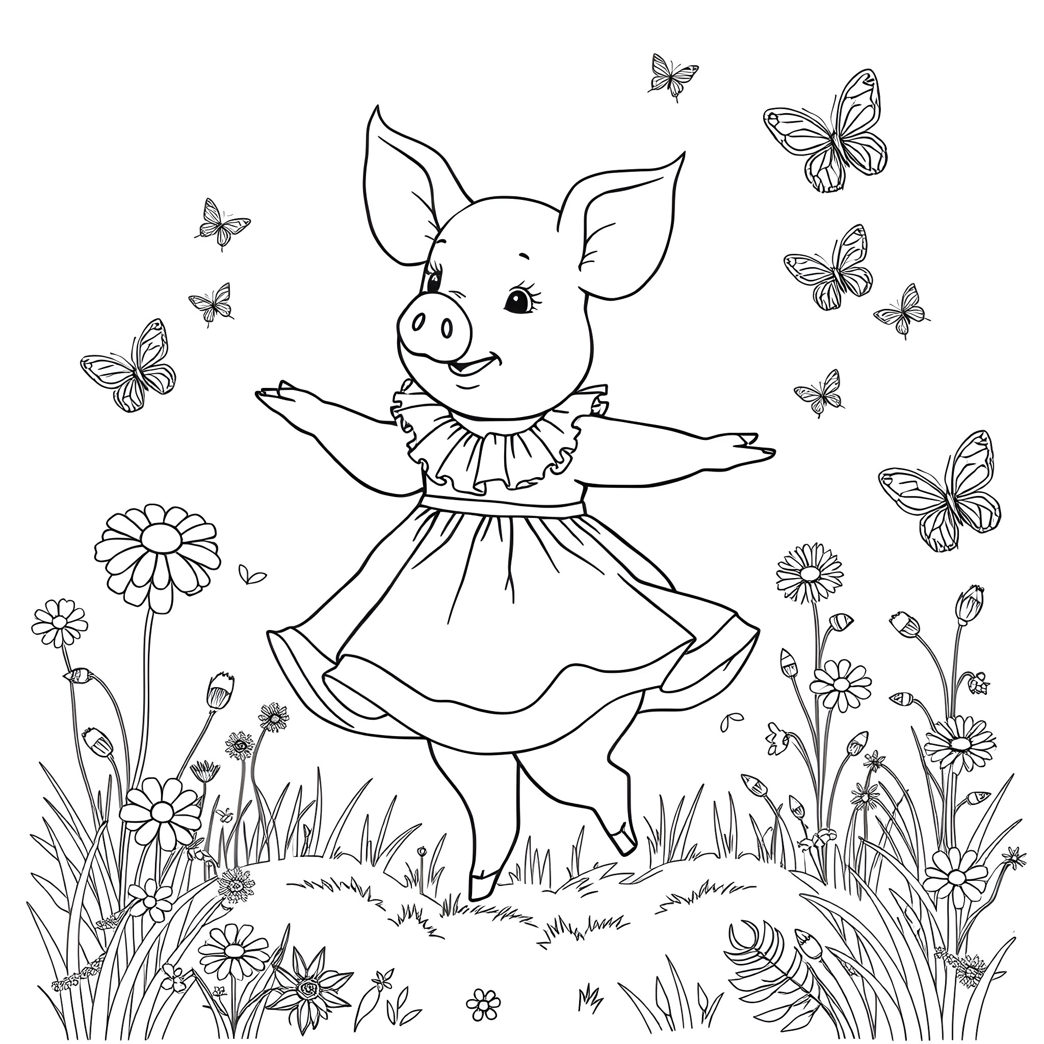 Pig dancing joyfully among butterflies and flowers Coloring Page (free black-and-white line drawing printable PDF for all, from beginners to advanced learners, including children, teens, adults, and seniors)