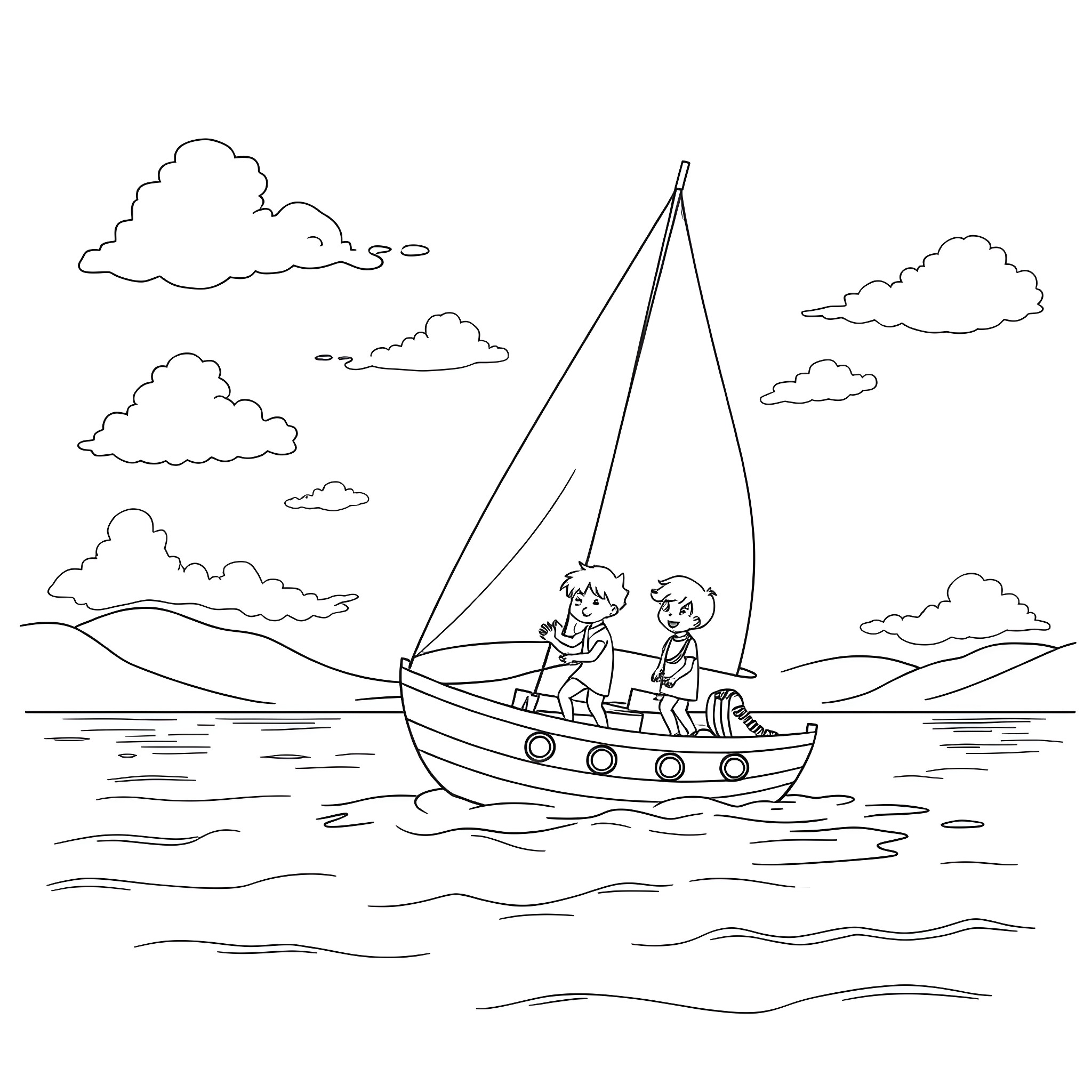 Sail Boat Carrying Passengers Enjoying Scenic Waterway Coloring Page (free black-and-white line drawing printable PDF for all, from beginners to advanced learners, including children, teens, adults, and seniors)