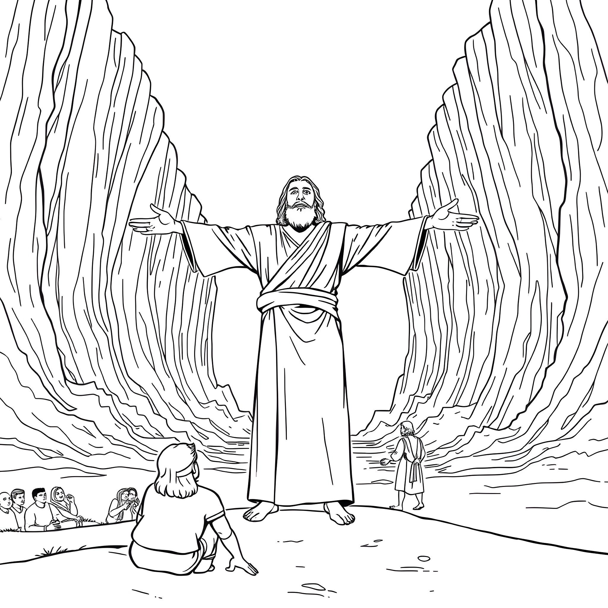 Moses Dividing the Seas with His Outstretched Arms Coloring Page (free black-and-white line drawing printable PDF for all, from beginners to advanced learners, including children, teens, adults, and seniors)