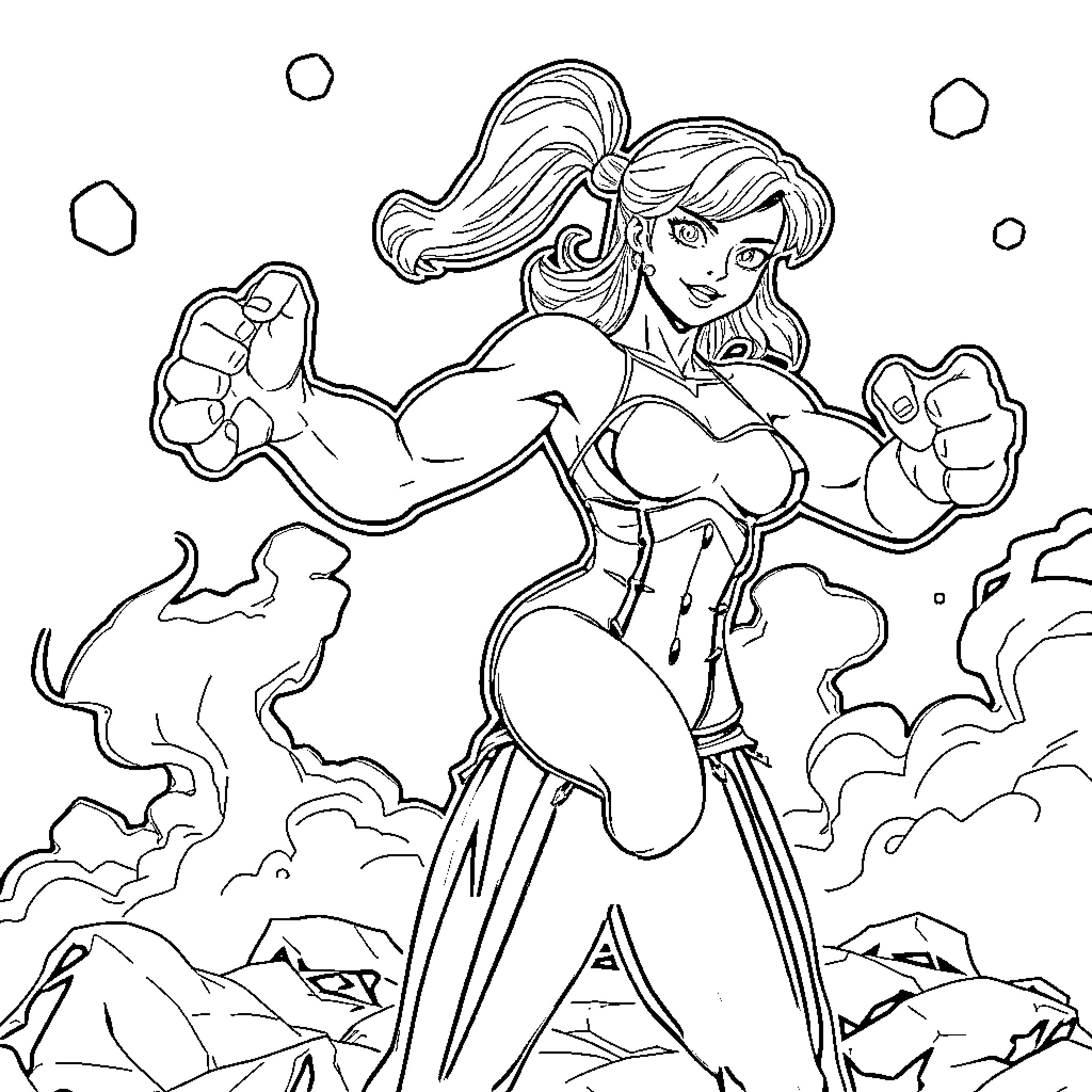 Hulk Heroine Flexing Her Muscles in Action Coloring Page (free black-and-white line drawing printable PDF for all, from beginners to advanced learners, including children, teens, adults, and seniors)