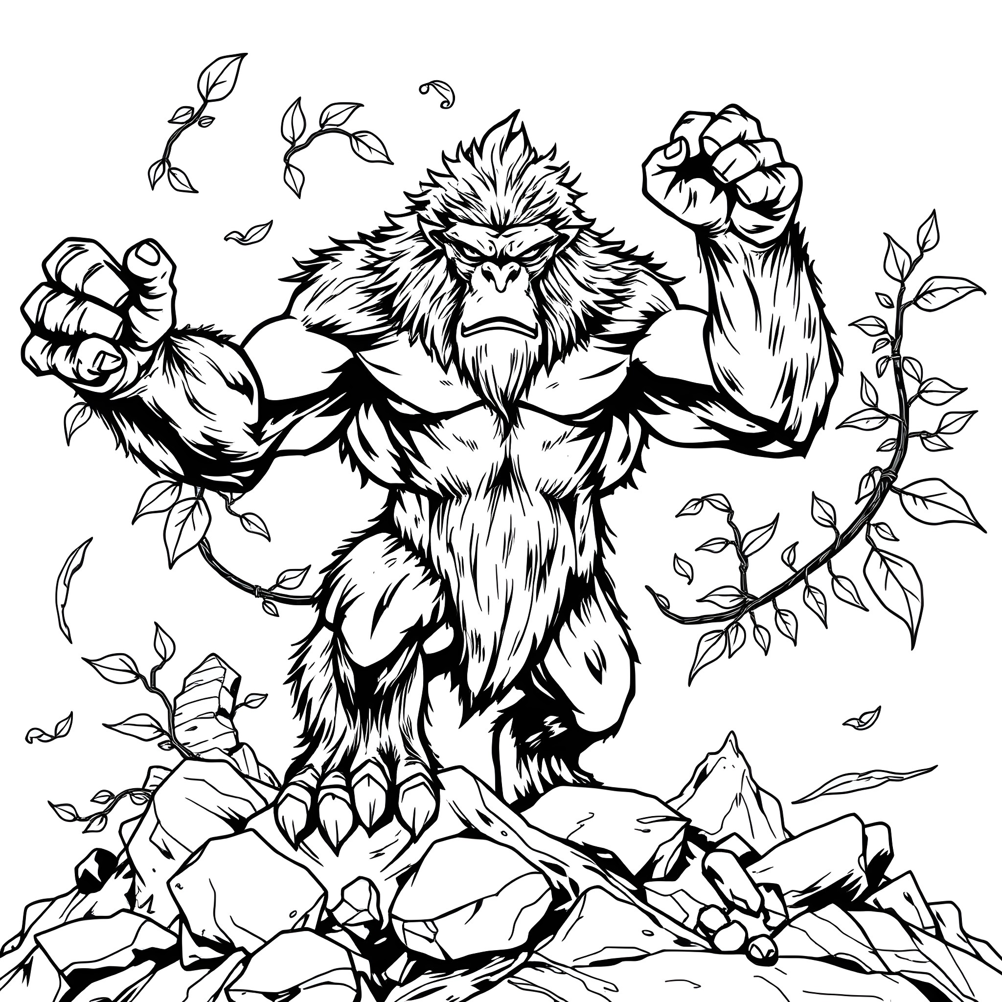 Primeape unleashing its primal fury in nature Coloring Page (free black-and-white line drawing printable PDF for all, from beginners to advanced learners, including children, teens, adults, and seniors)