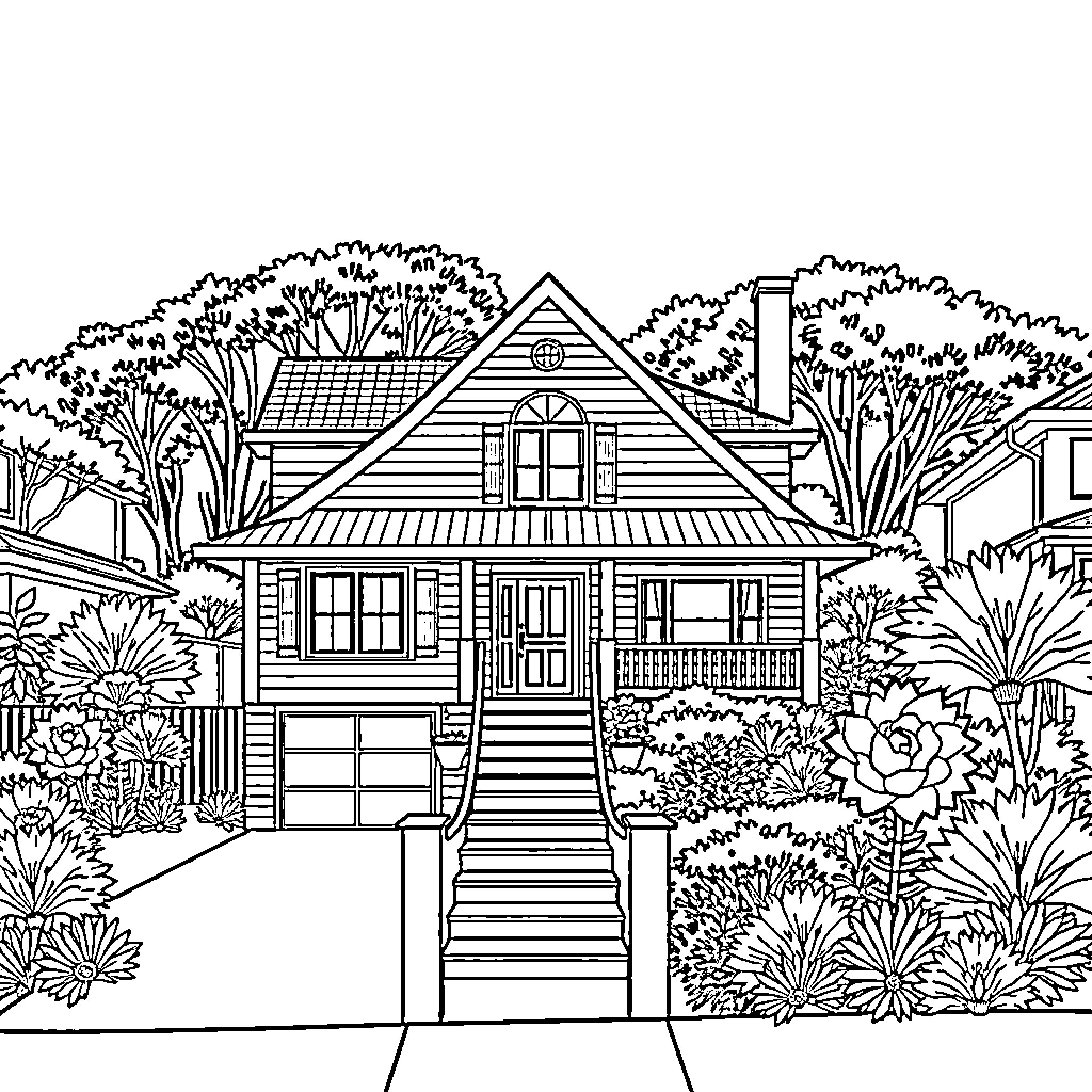 Beach house surrounded by lush foliage Coloring Page (free black-and-white line drawing printable PDF for all, from beginners to advanced learners, including children, teens, adults, and seniors)