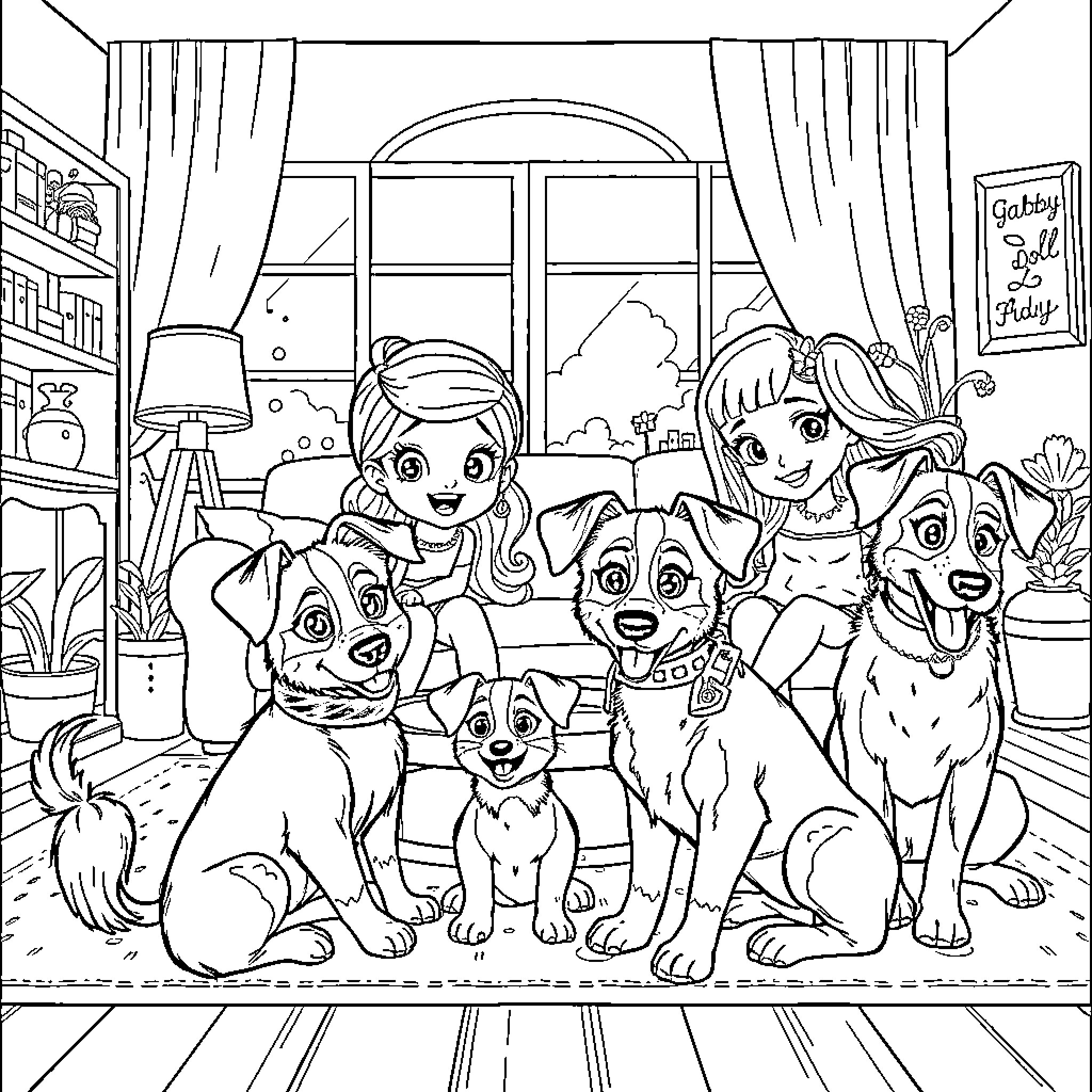 Gabby's Fun with Furry Friends Coloring Page (free black-and-white line drawing printable PDF for all, from beginners to advanced learners, including children, teens, adults, and seniors)