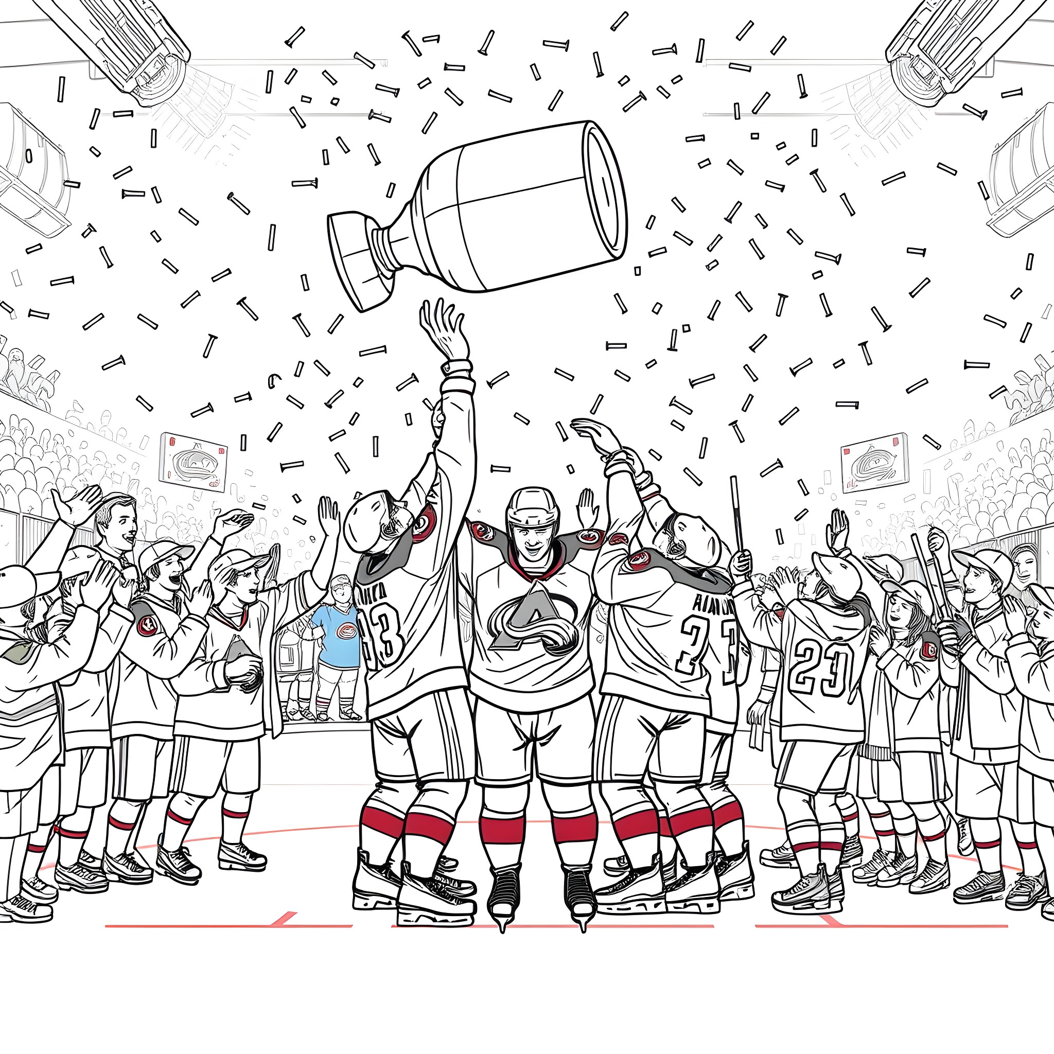 Avalanche of sports fans cheering and celebrating Coloring Page (free black-and-white line drawing printable PDF for all, from beginners to advanced learners, including children, teens, adults, and seniors)