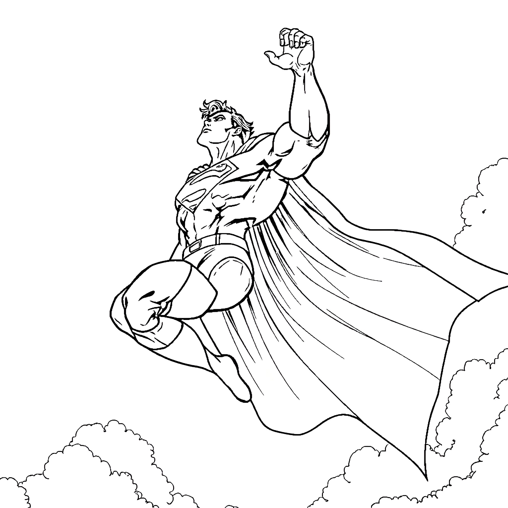 Superman soaring high in the sky Coloring Page (free black-and-white line drawing printable PDF for all, from beginners to advanced learners, including children, teens, adults, and seniors)