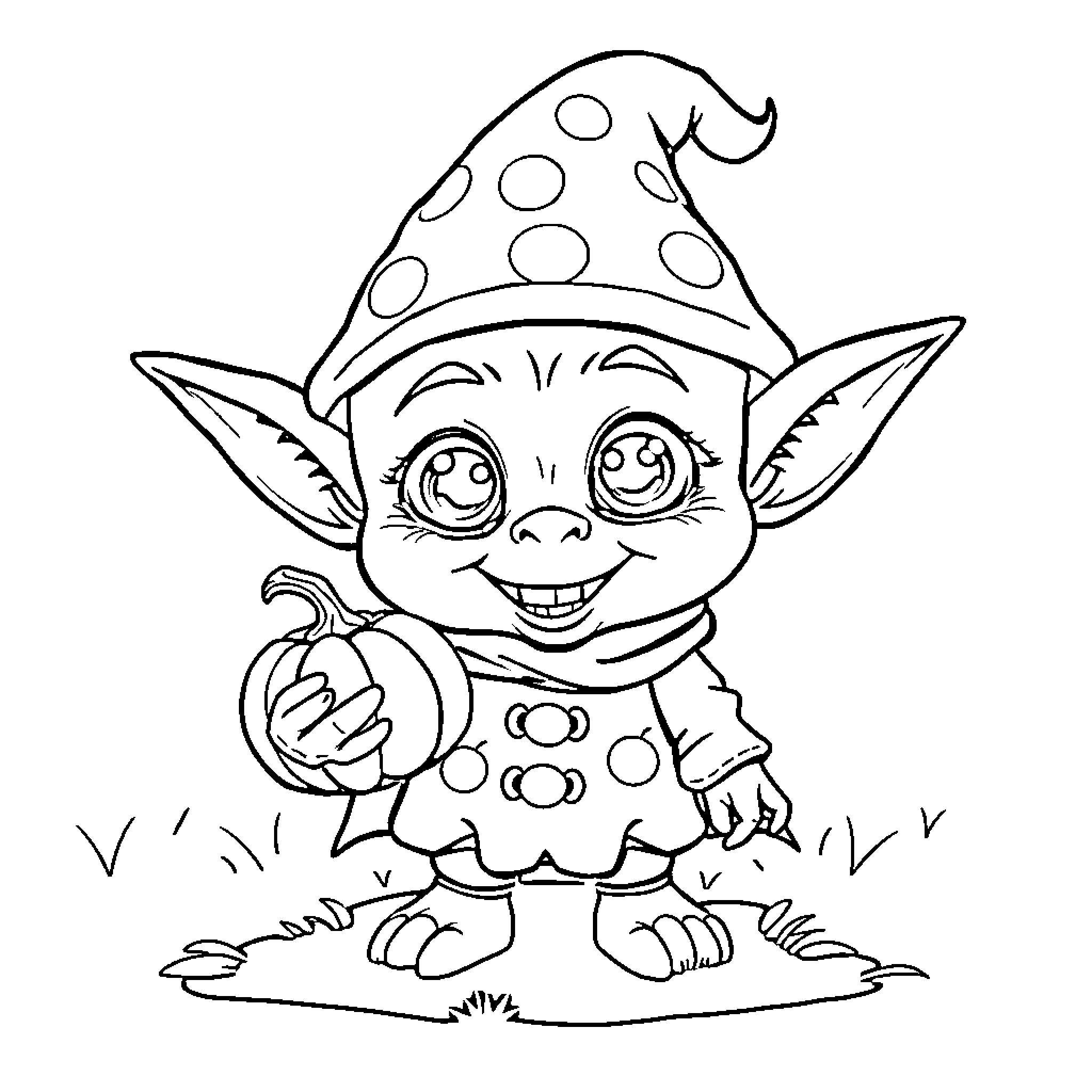 Goblin character with a cheerful expression and spotted outfit Coloring Page (free black-and-white line drawing printable PDF for all, from beginners to advanced learners, including children, teens, adults, and seniors)