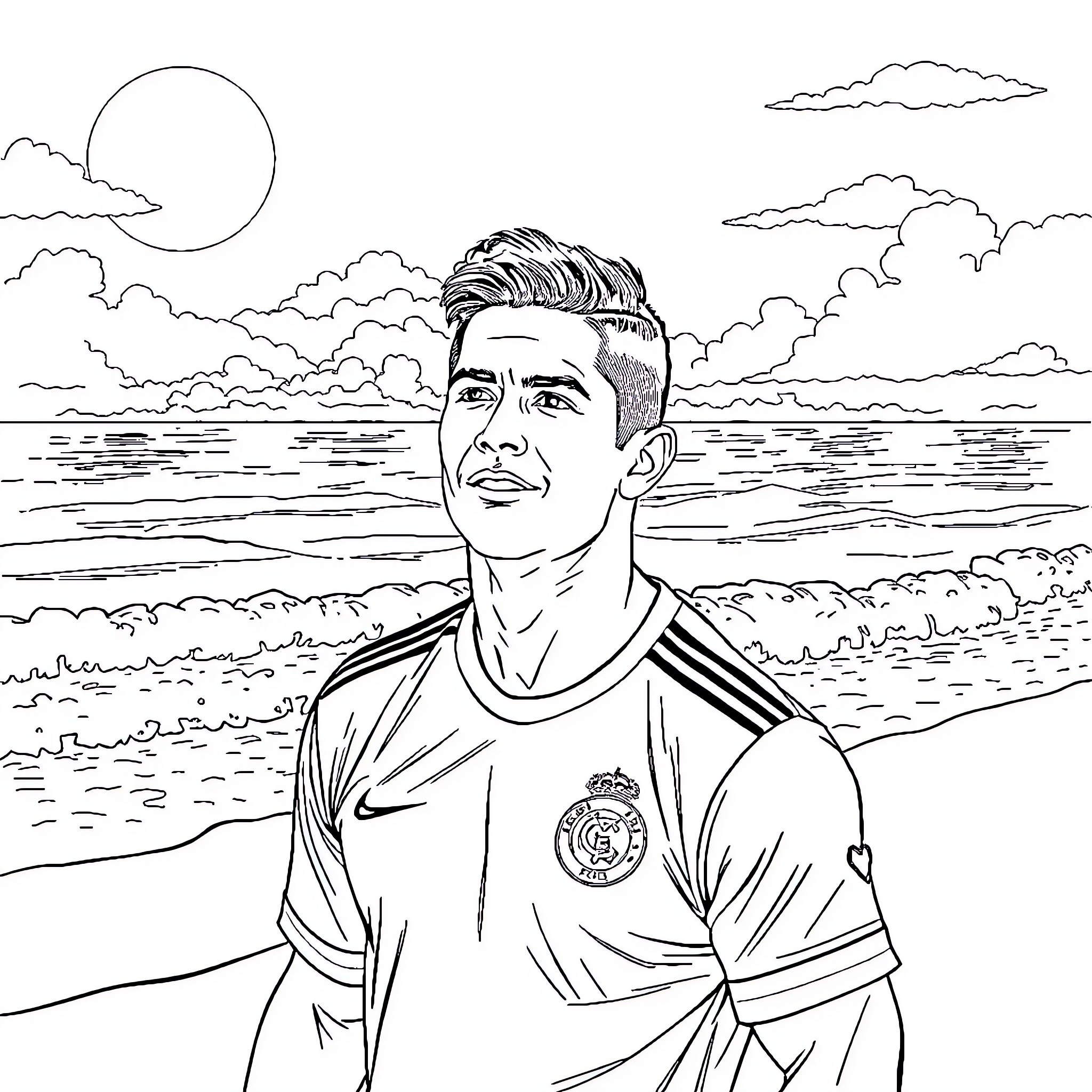 Ronaldo stands on the beach, facing the sunset Coloring Page (free black-and-white line drawing printable PDF for all, from beginners to advanced learners, including children, teens, adults, and seniors)