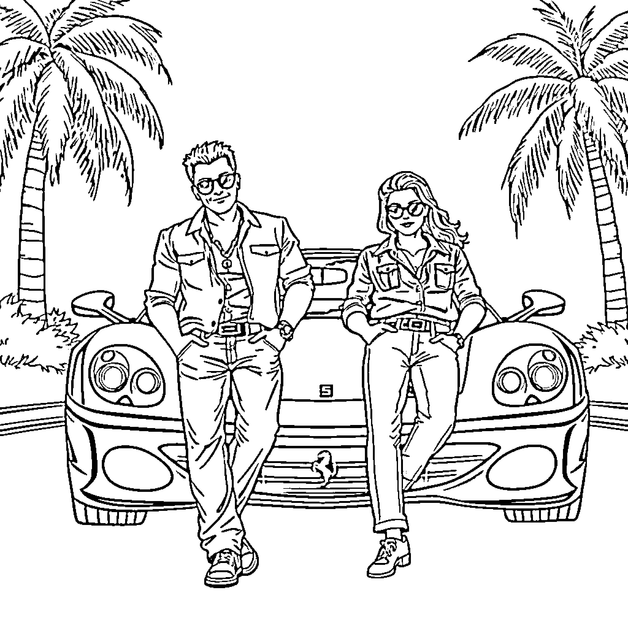 Ferrari sports car adventure with young couple Coloring Page (free black-and-white line drawing printable PDF for all, from beginners to advanced learners, including children, teens, adults, and seniors)