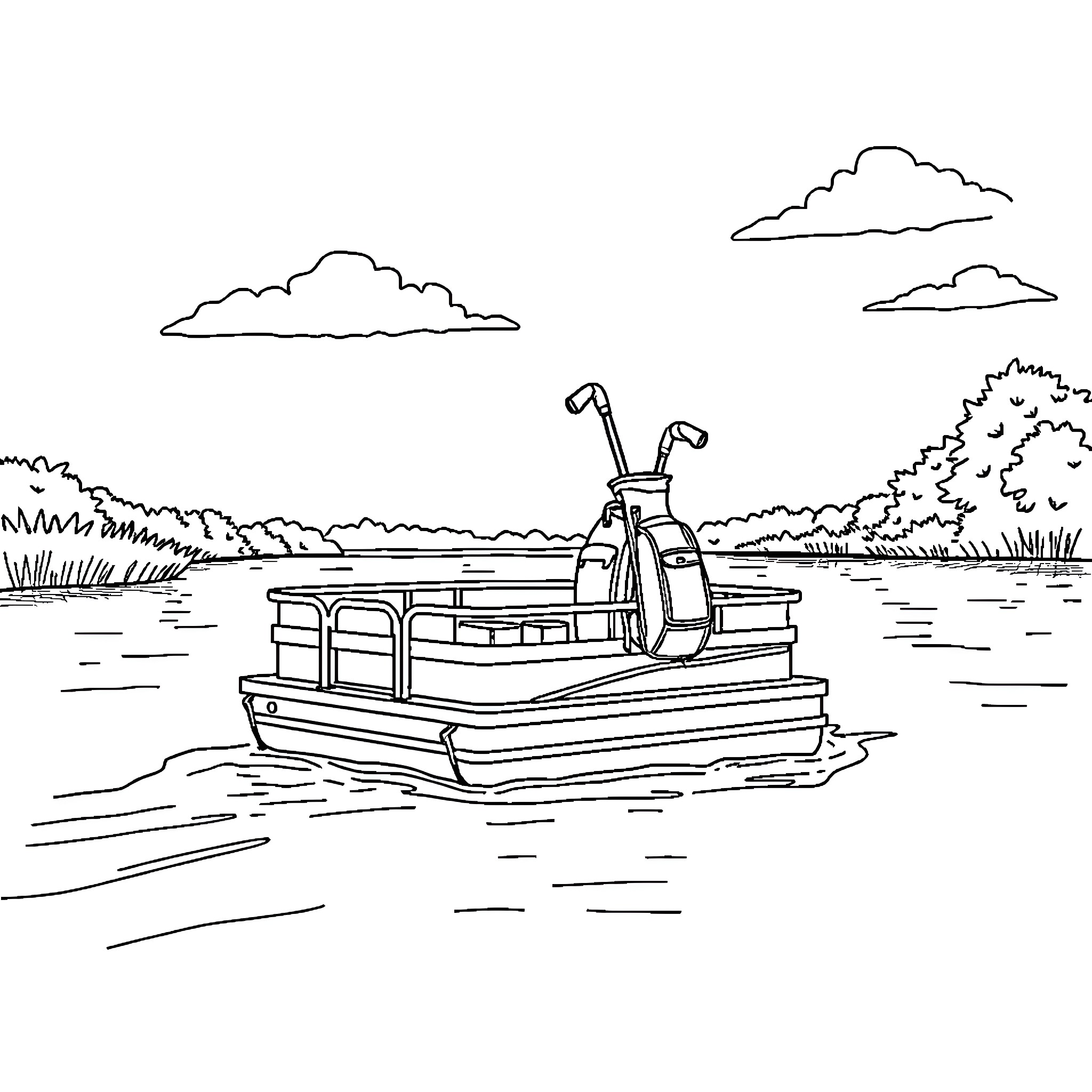 Pontoon boat floating on a scenic lake Coloring Page (free black-and-white line drawing printable PDF for all, from beginners to advanced learners, including children, teens, adults, and seniors)