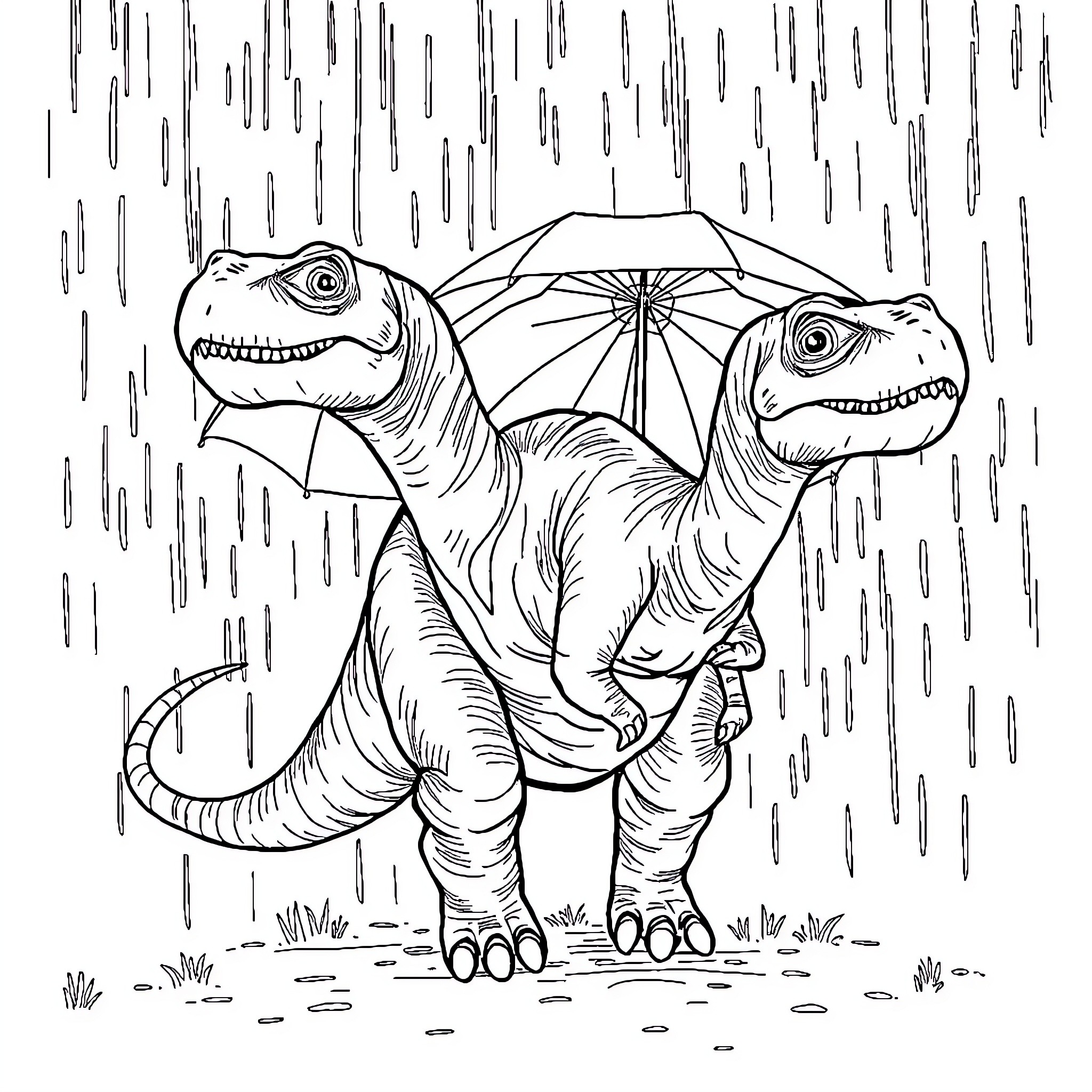 Tyrannosaurus Dinosaurs Sheltering Under Umbrella in Rain Coloring Page (free black-and-white line drawing printable PDF for all, from beginners to advanced learners, including children, teens, adults, and seniors)