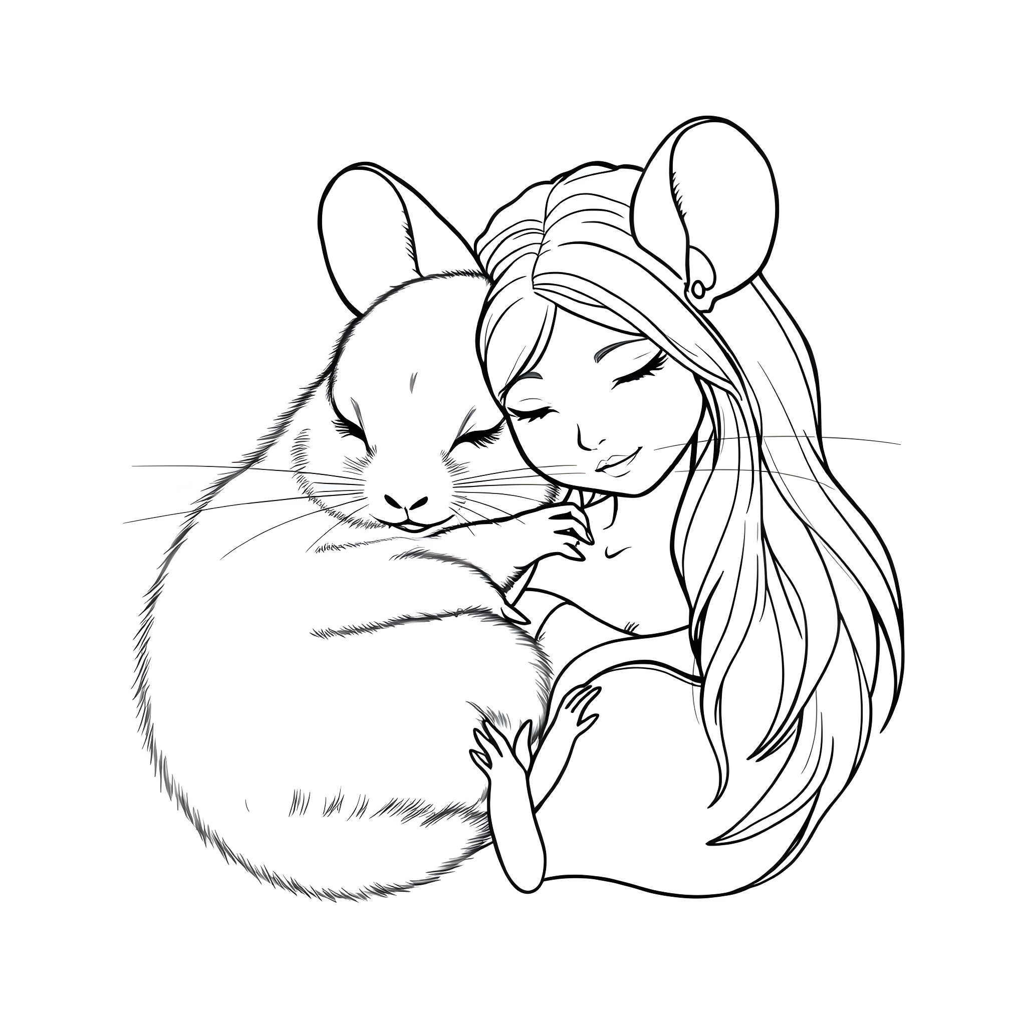 Chinchilla snuggling with owner Coloring Page (free black-and-white line drawing printable PDF for all, from beginners to advanced learners, including children, teens, adults, and seniors)